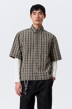 Beige - Navy Blue Check - Relaxed Fit Short-Sleeved Cotton Shirt - 0