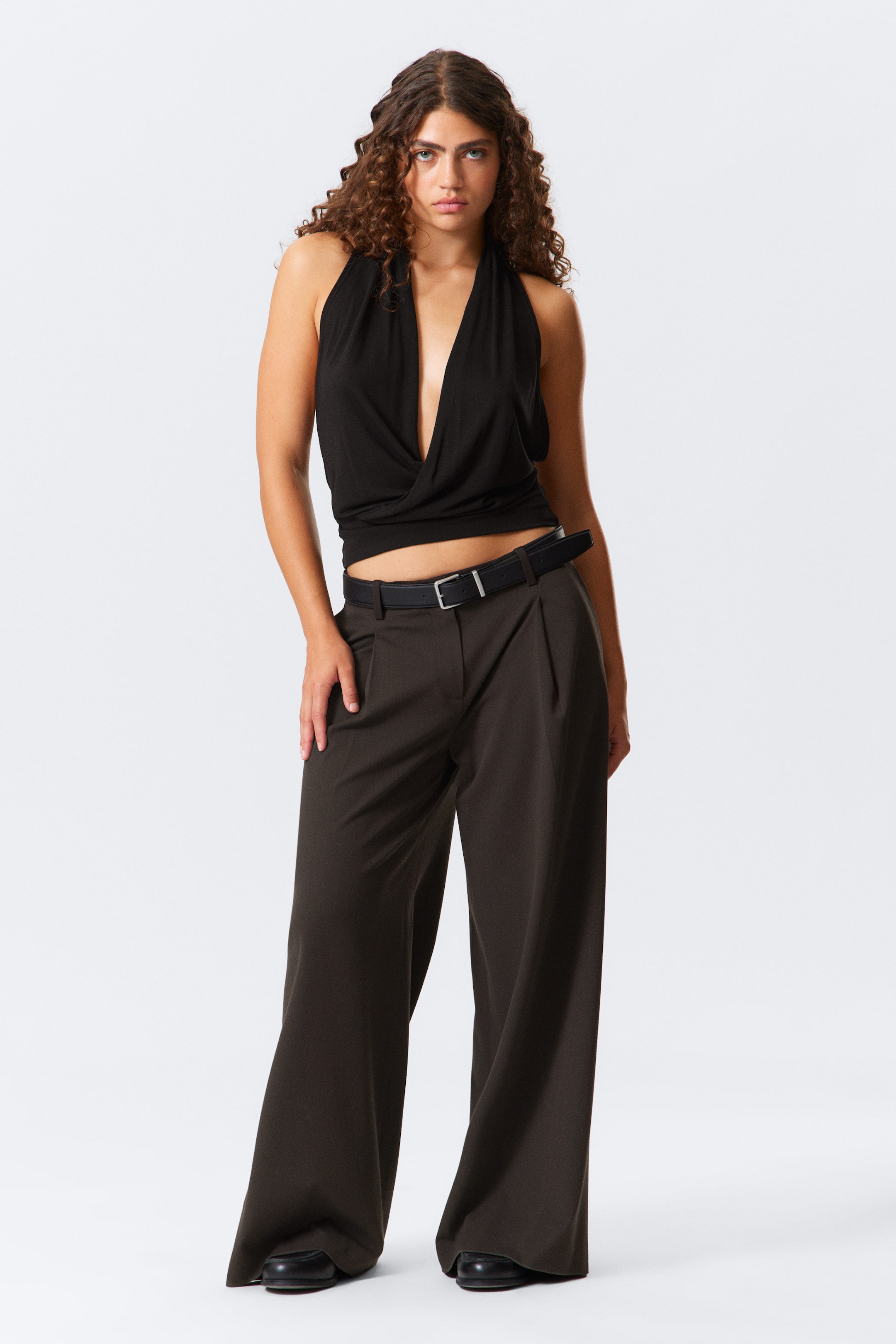 Black - Draped Halter Jersey Top - 2