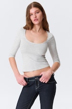 Gråmelerad - Fitted Three-Quarter Sleeve Top - 0