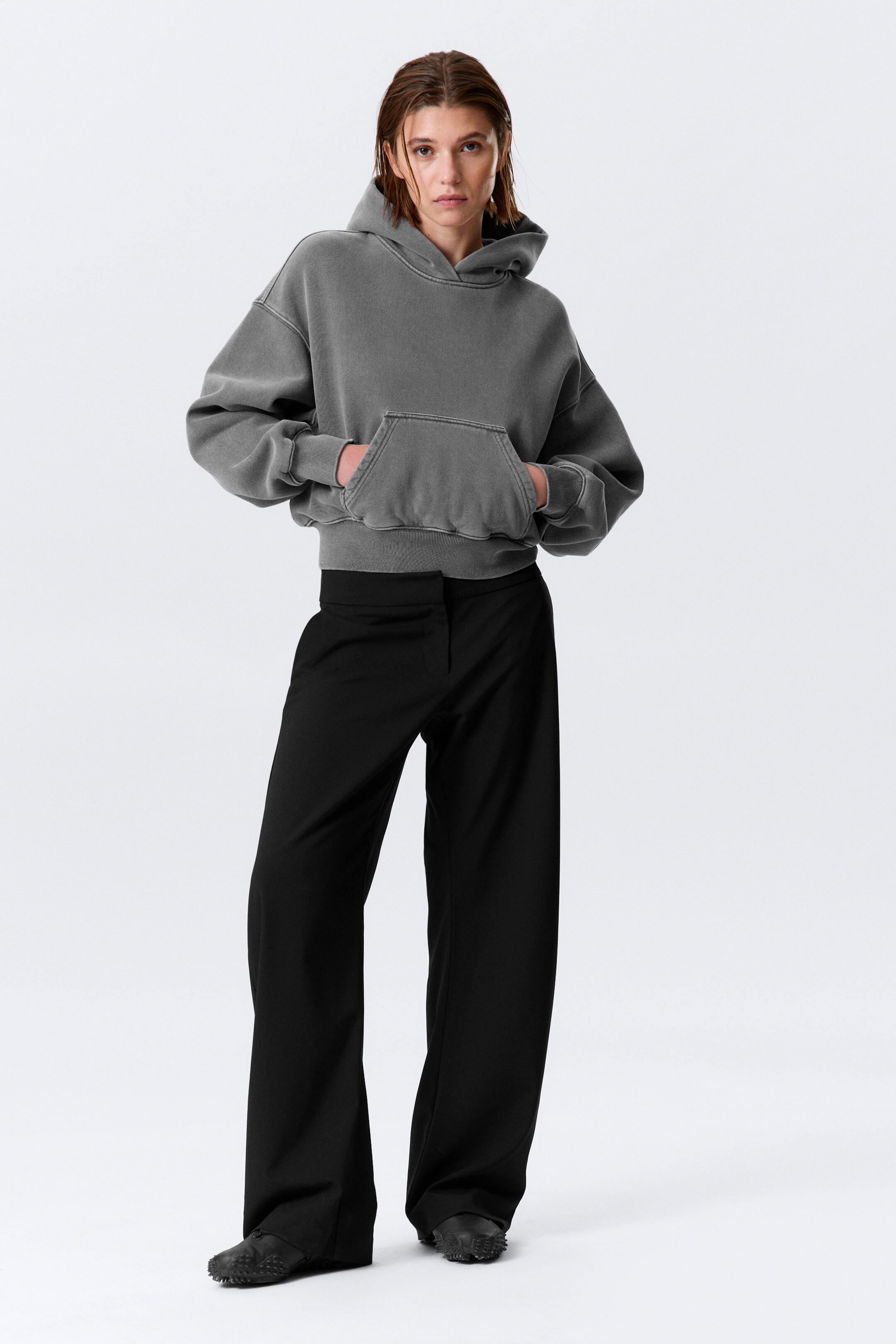 Ingrandisci l'immagine: Boxy Cotton Fleece Hoodie - Washed Dark Grey - DONNA | H&M CH 3