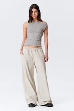 Grey & White Stripes - Annie Striped Sleeveless Boat-Neck Top - 1