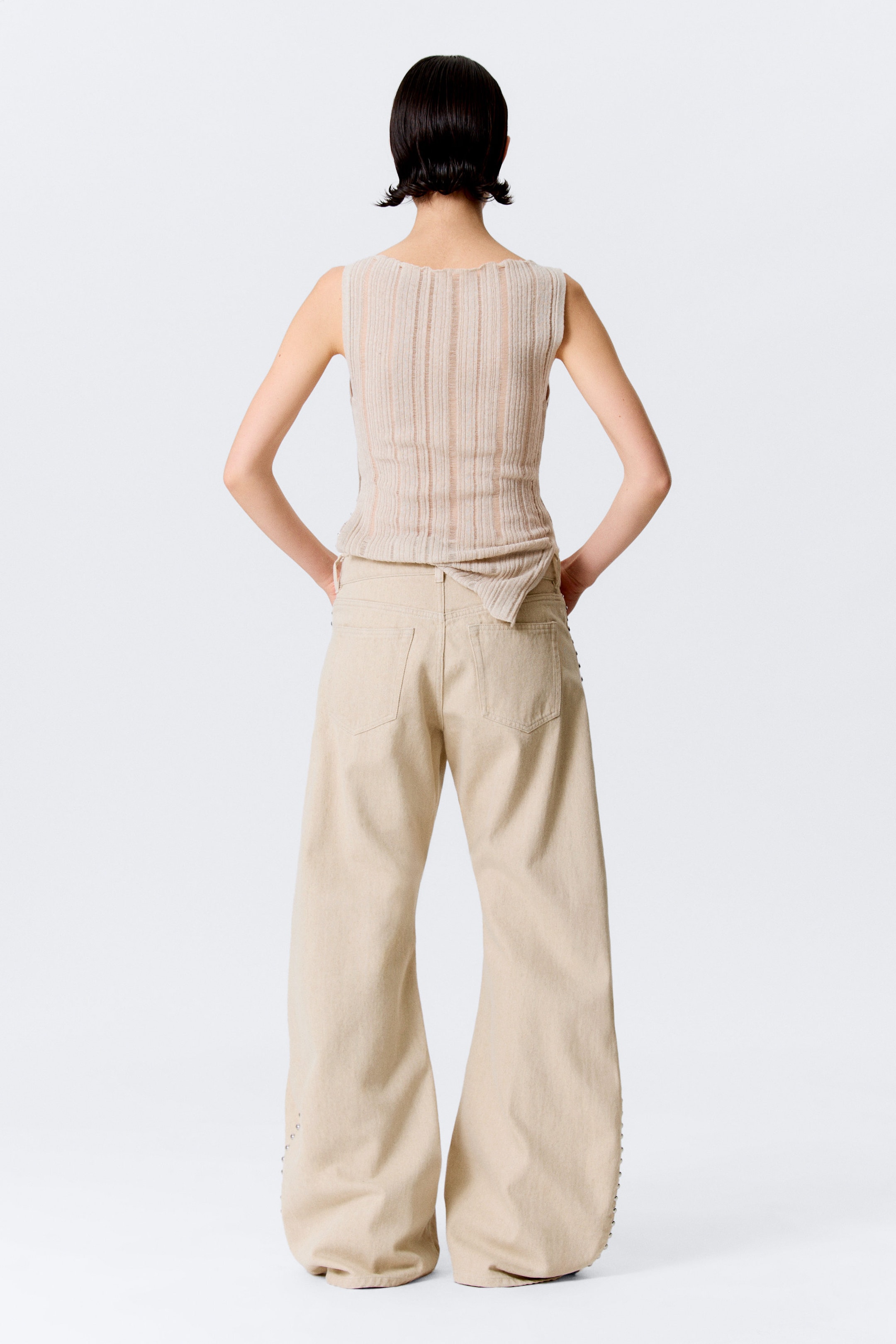 Beige - Low Rise Loose Studded Balloon Trousers - 5