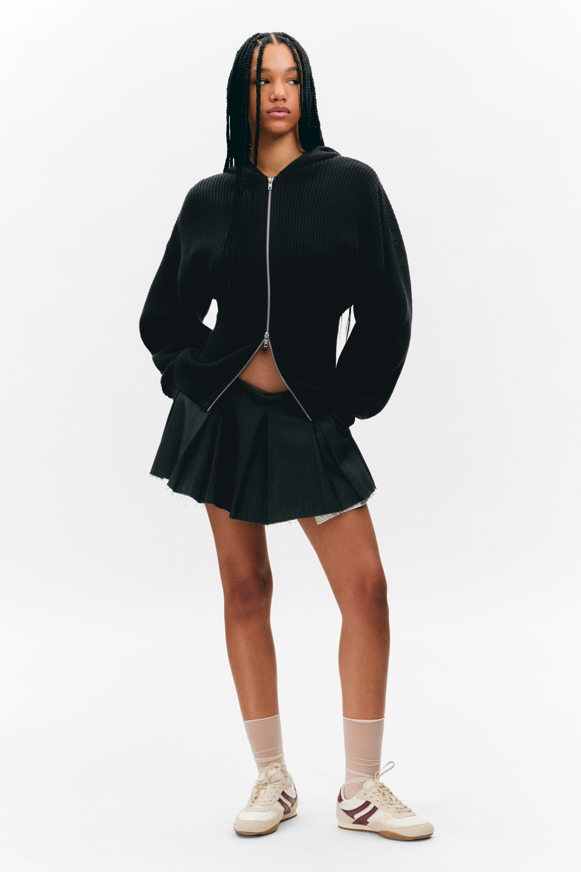 Schwarz - Langer Strickhoodie mit Reißverschluss - 2