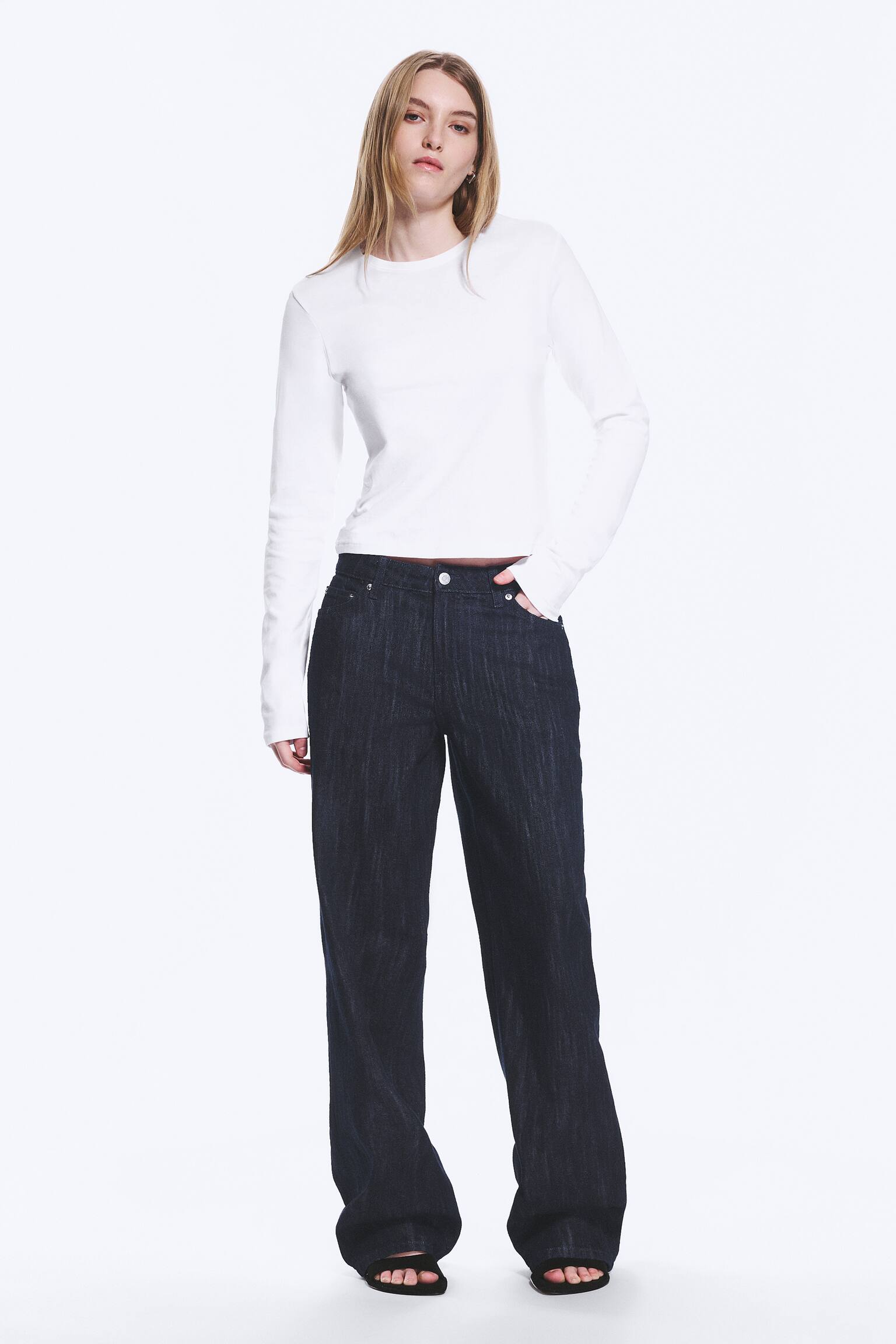 Schmal geschnittenes Longsleeve-Baumwolloberteil - Weiß/Schwarz/Schwarz & grau gestreift - 3