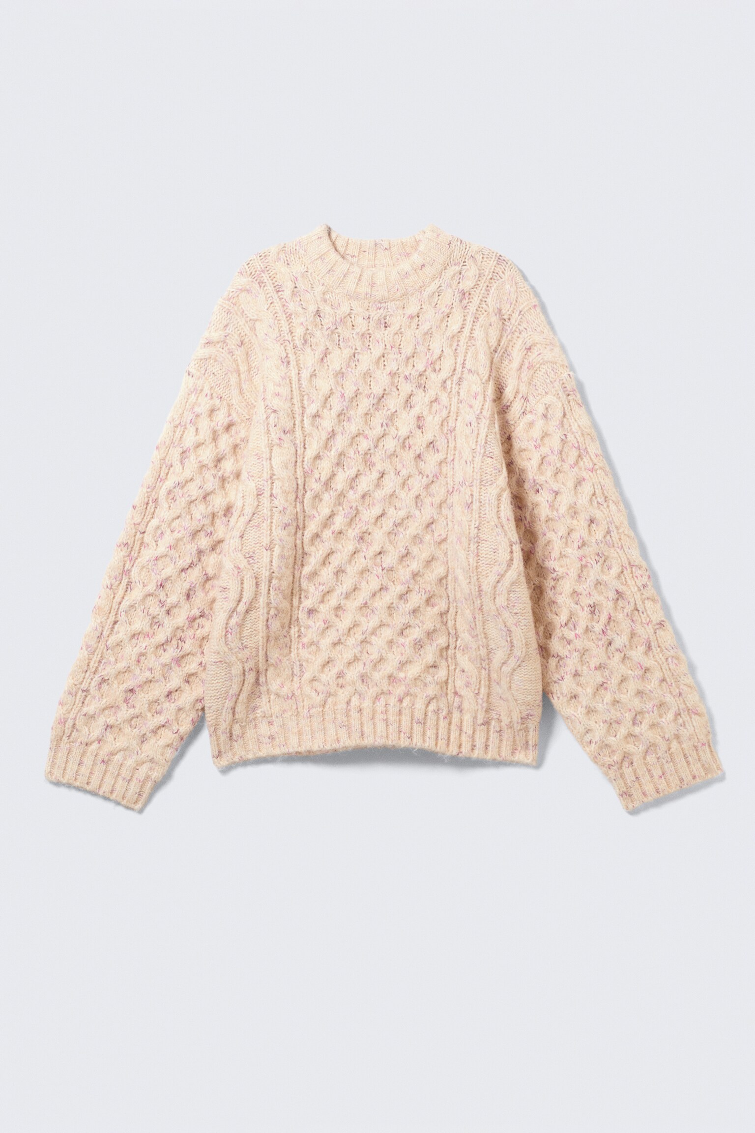 Long Cable Knit Textured Sweater - Beige - Pink Neps/Dark Purple - Pink Neps - 2