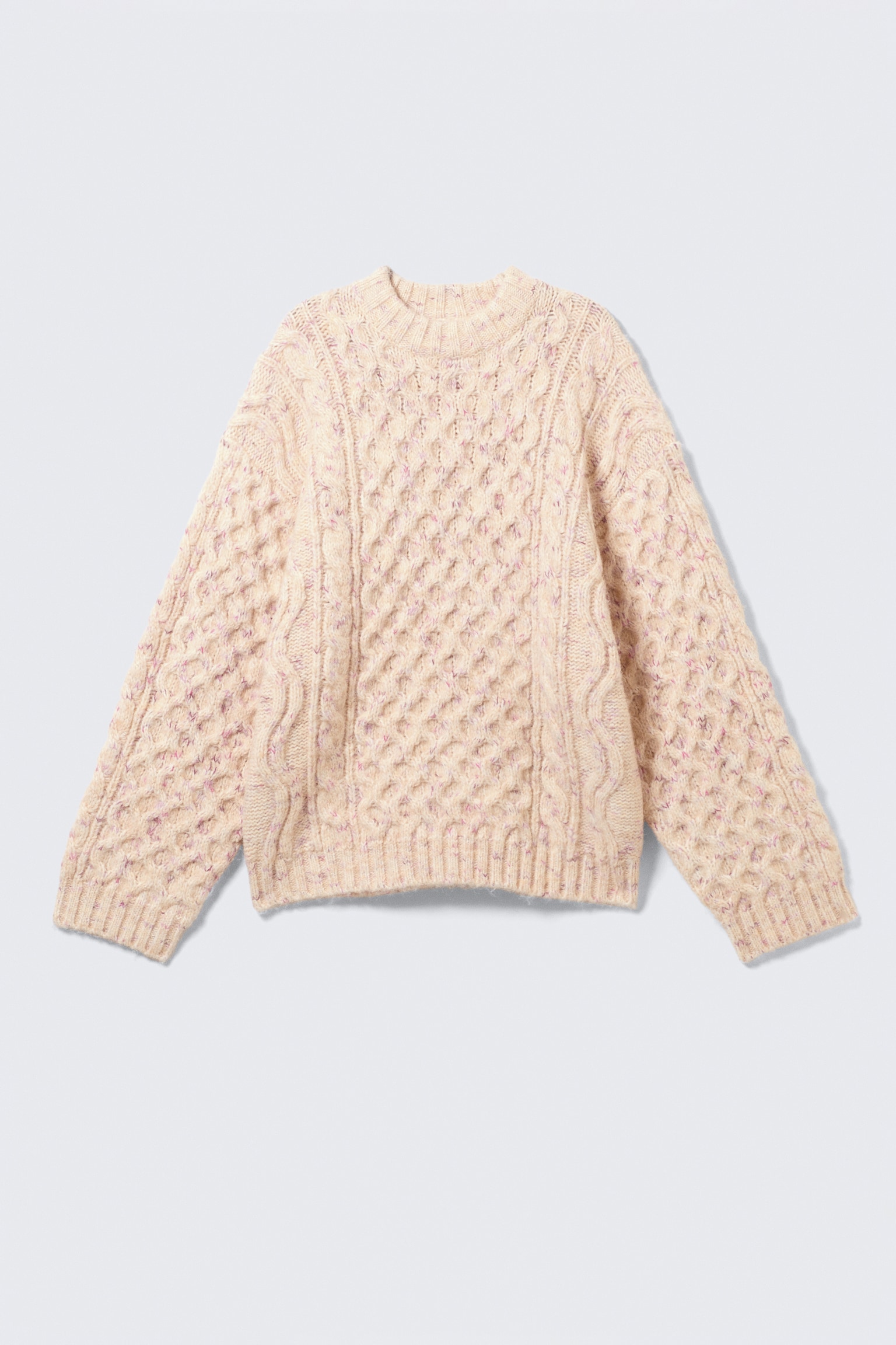 Long Cable Knit Textured Sweater - Beige - Pink Neps/Dark Purple - Pink Neps - 2