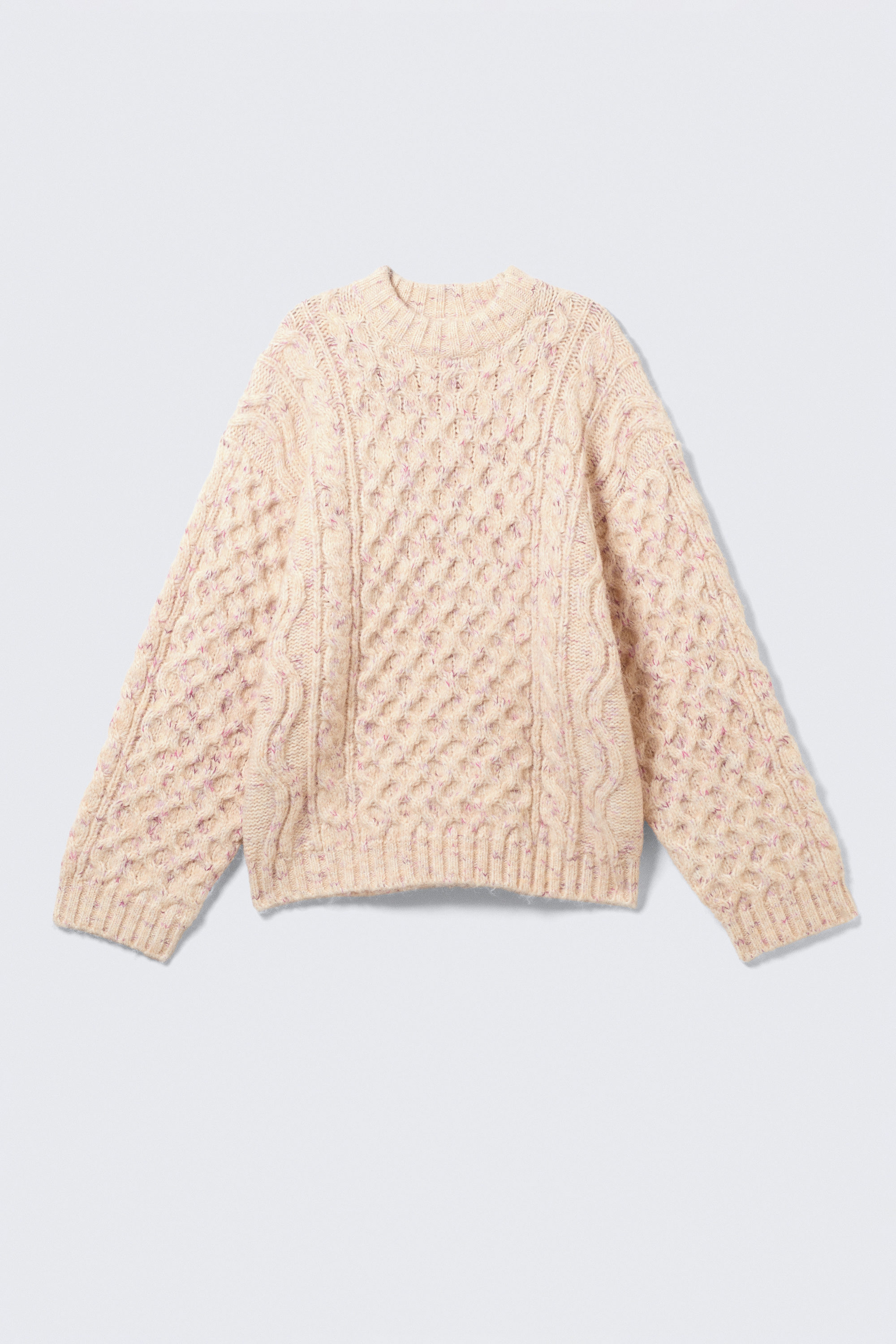 Beige - Pink Neps - Long Cable Knit Textured Sweater - 3