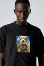 Schwarz - Fish-Eye Teddy - Bedrucktes kastiges T-Shirt - 0