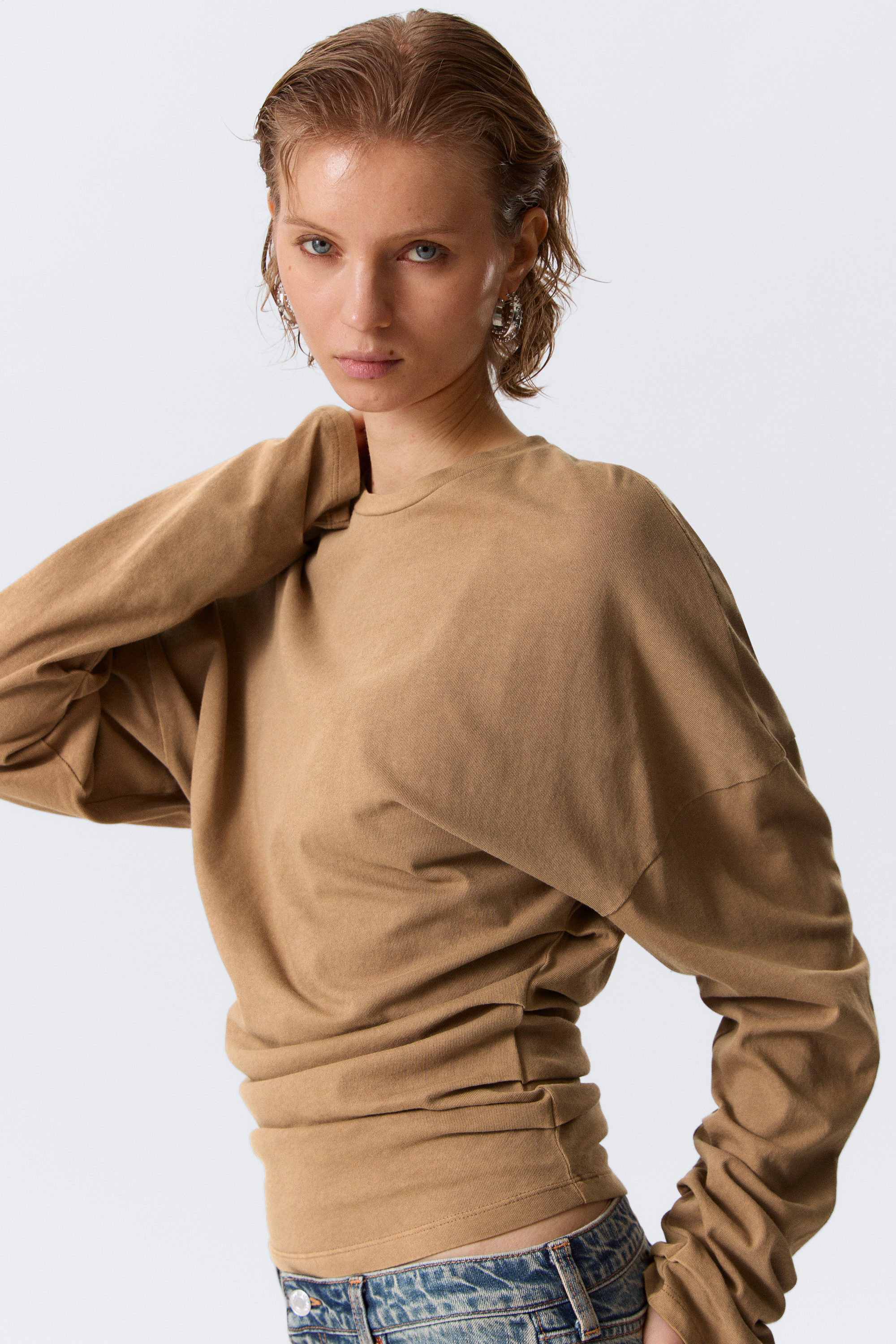 Dark Beige - Pleated Long-Sleeved Top - 2