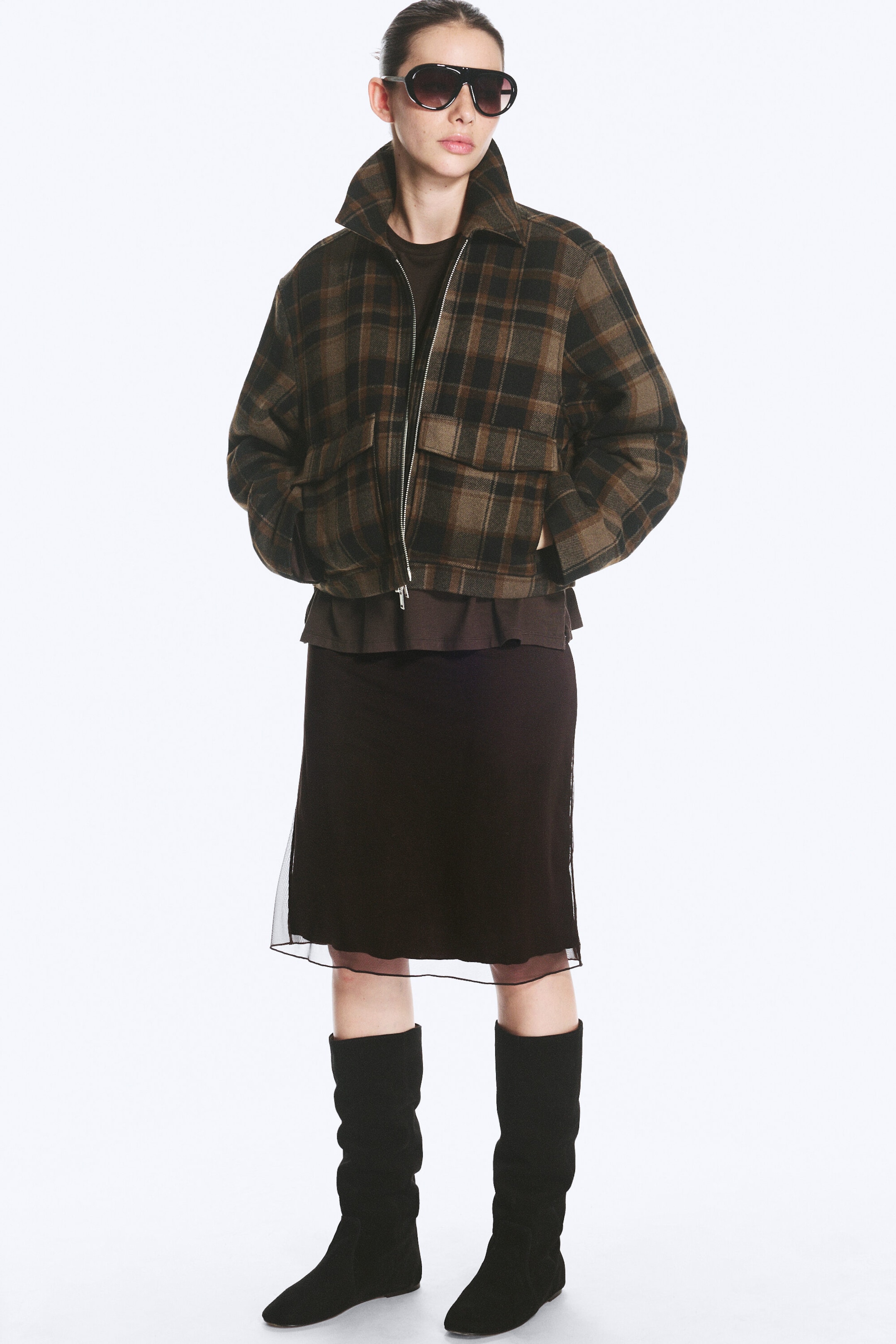 Dark Brown Check - Cropped Boxy Zip Jacket - 2