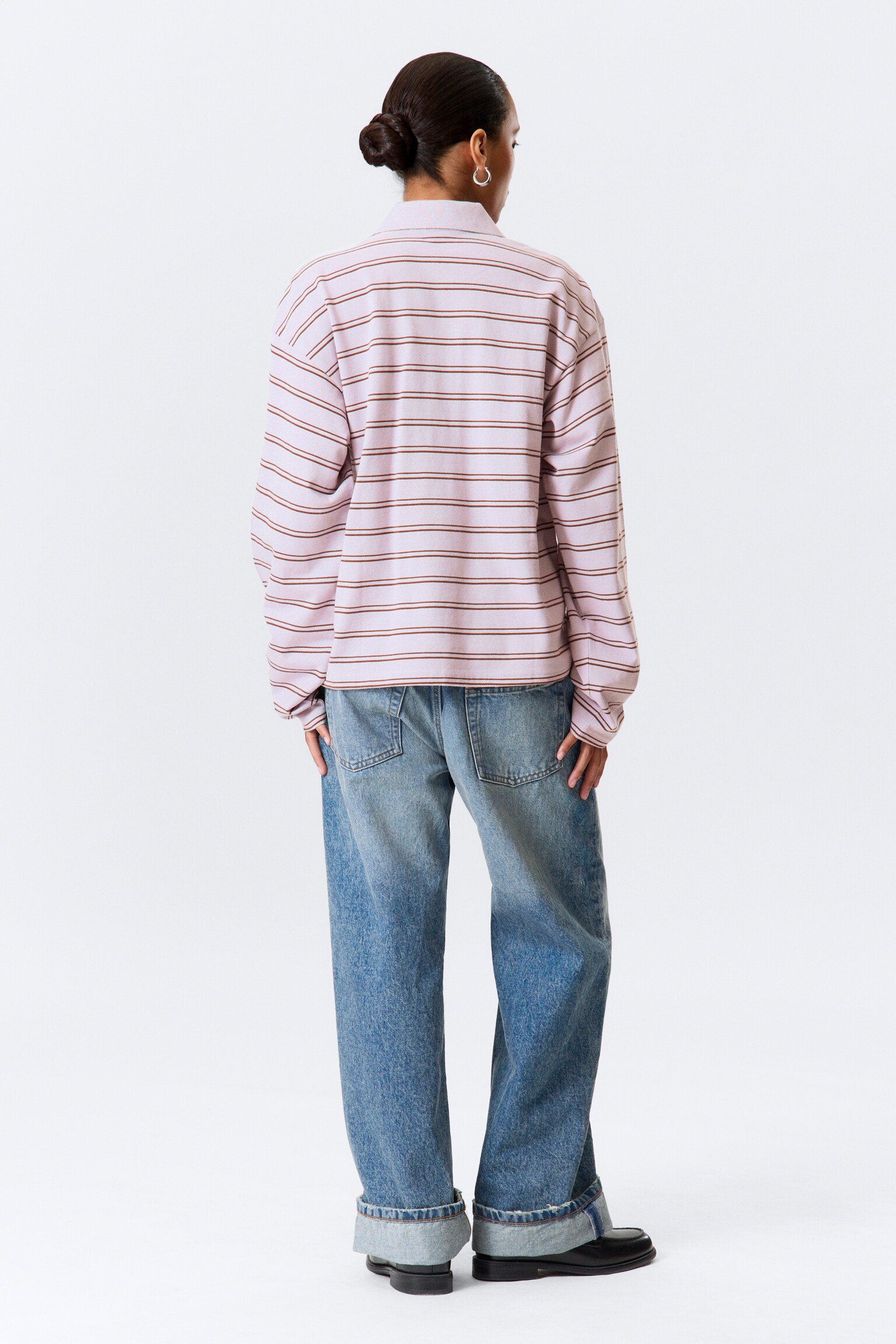 Long-Sleeved Cotton Polo Top - Striped Dusty Lilac/Gestreept donkerbruin/Striped Light Pink/Dark Plum - Pink Stripes/White - Black Dots - 3