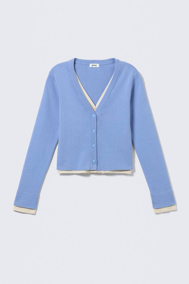 Cardigan à col en V double épaisseur confectionné - Bleu/Blanc cassé - 1