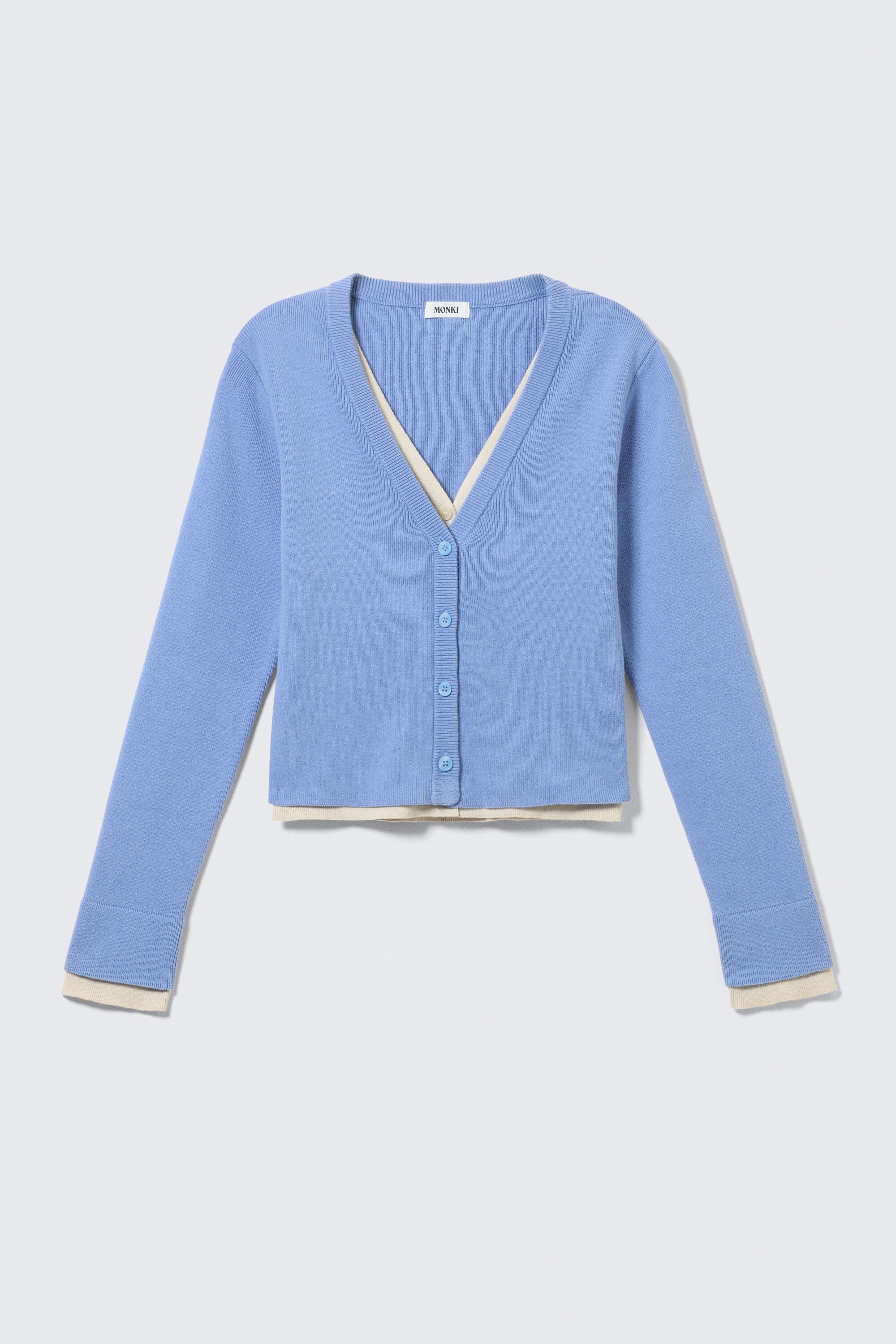 knitted double-layered v-neck cardigan - Blue/Off-white | Monki WW