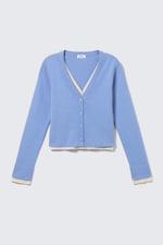 Blue/Off-white - Knitted Double-Layered V-neck Cardigan - 3