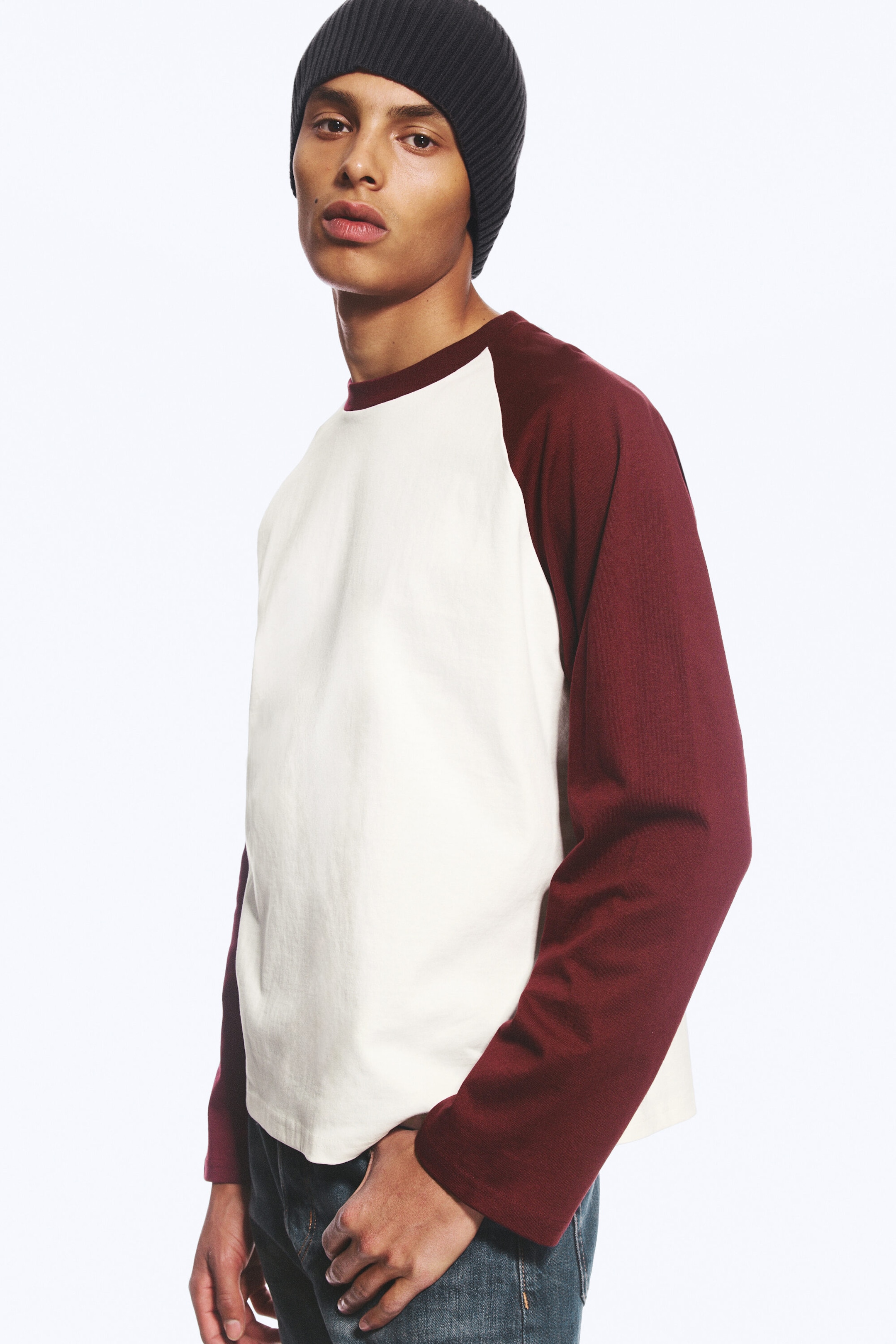 White & Burgundy - Loose Boxy Raglan-Sleeved T-shirt - 2