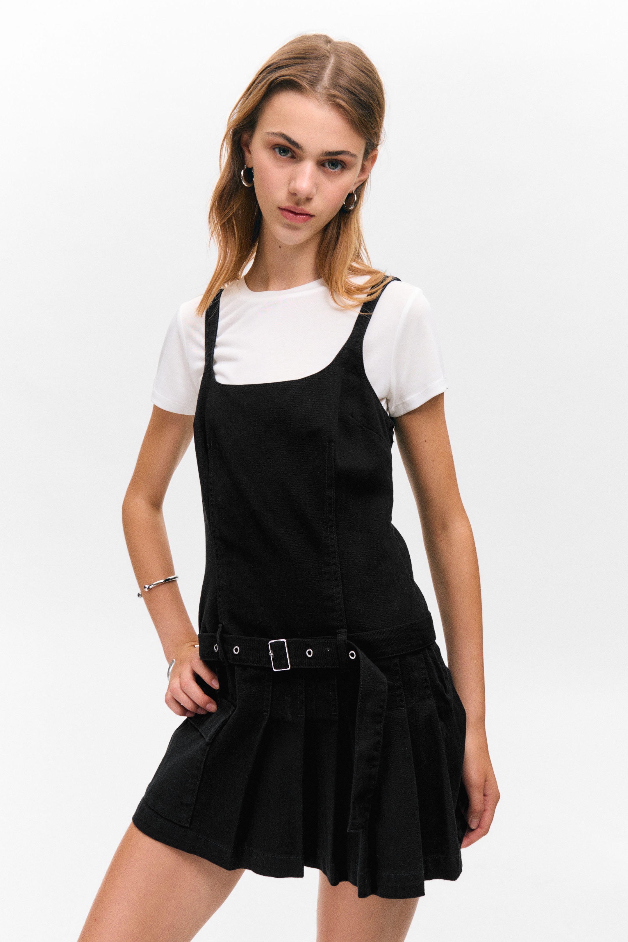 Black - Belted Pleated Mini Dress - 2