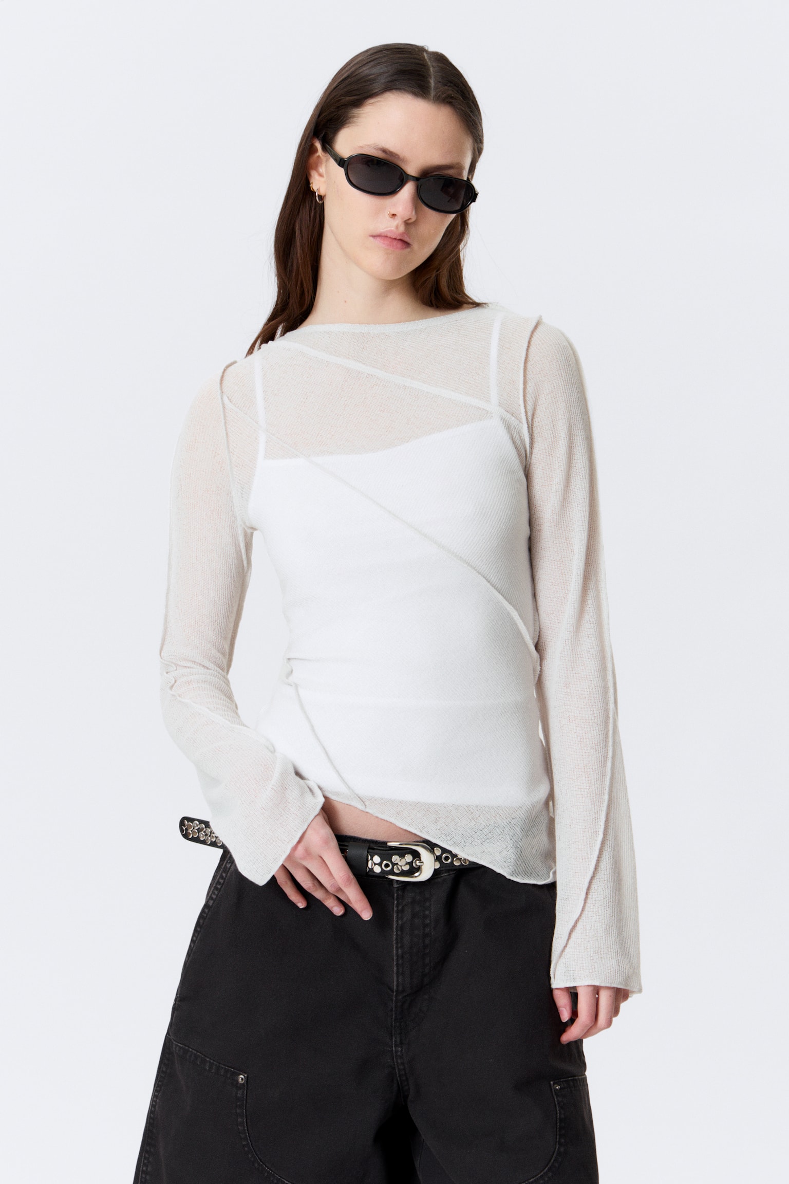 Áttetsző Aszimmetrikus Csónaknyakú Felső - Világos Bézs/Fekete - 4