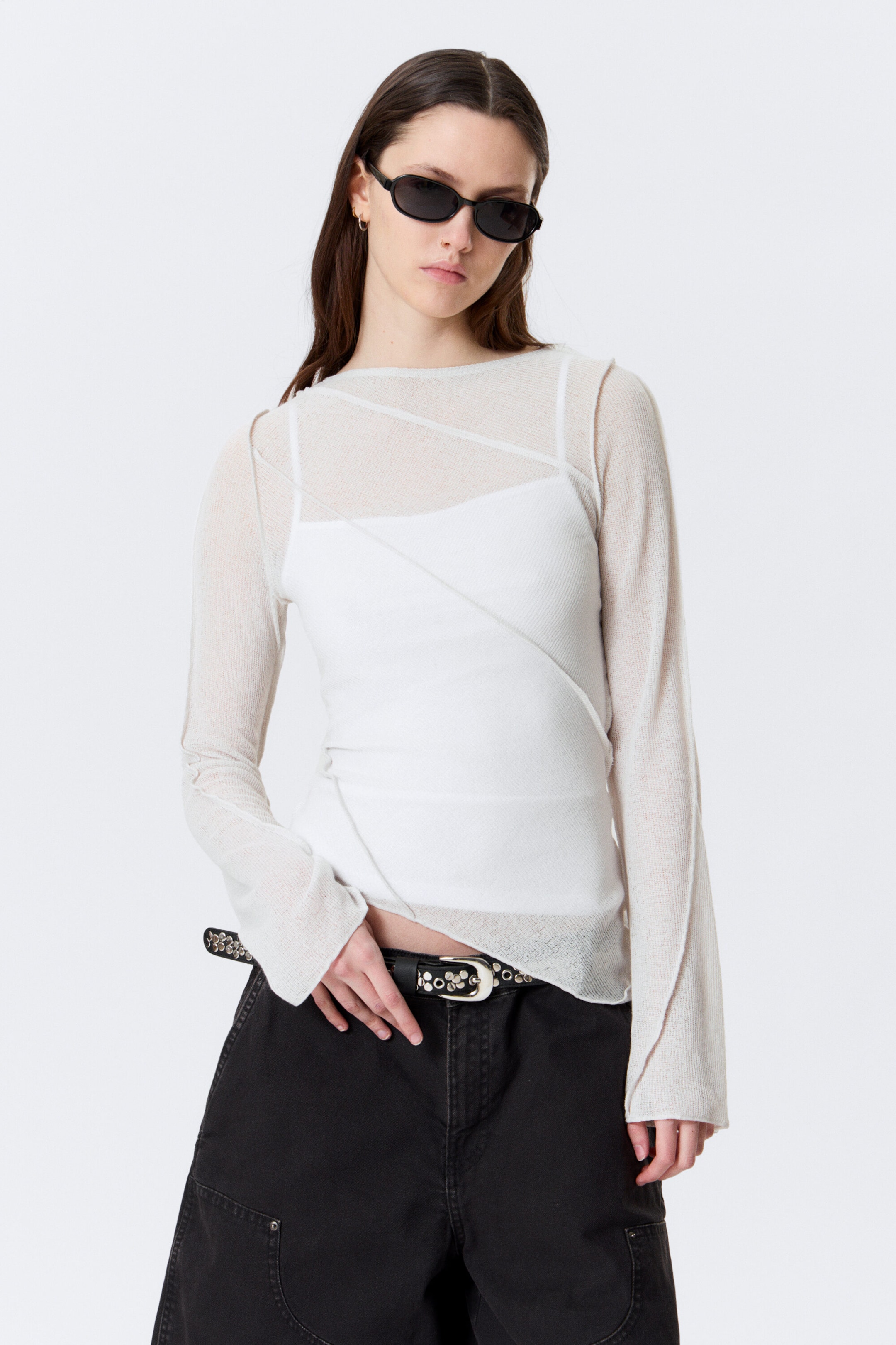 Beige clair - Haut transparent asymétrique à col bateau - 2