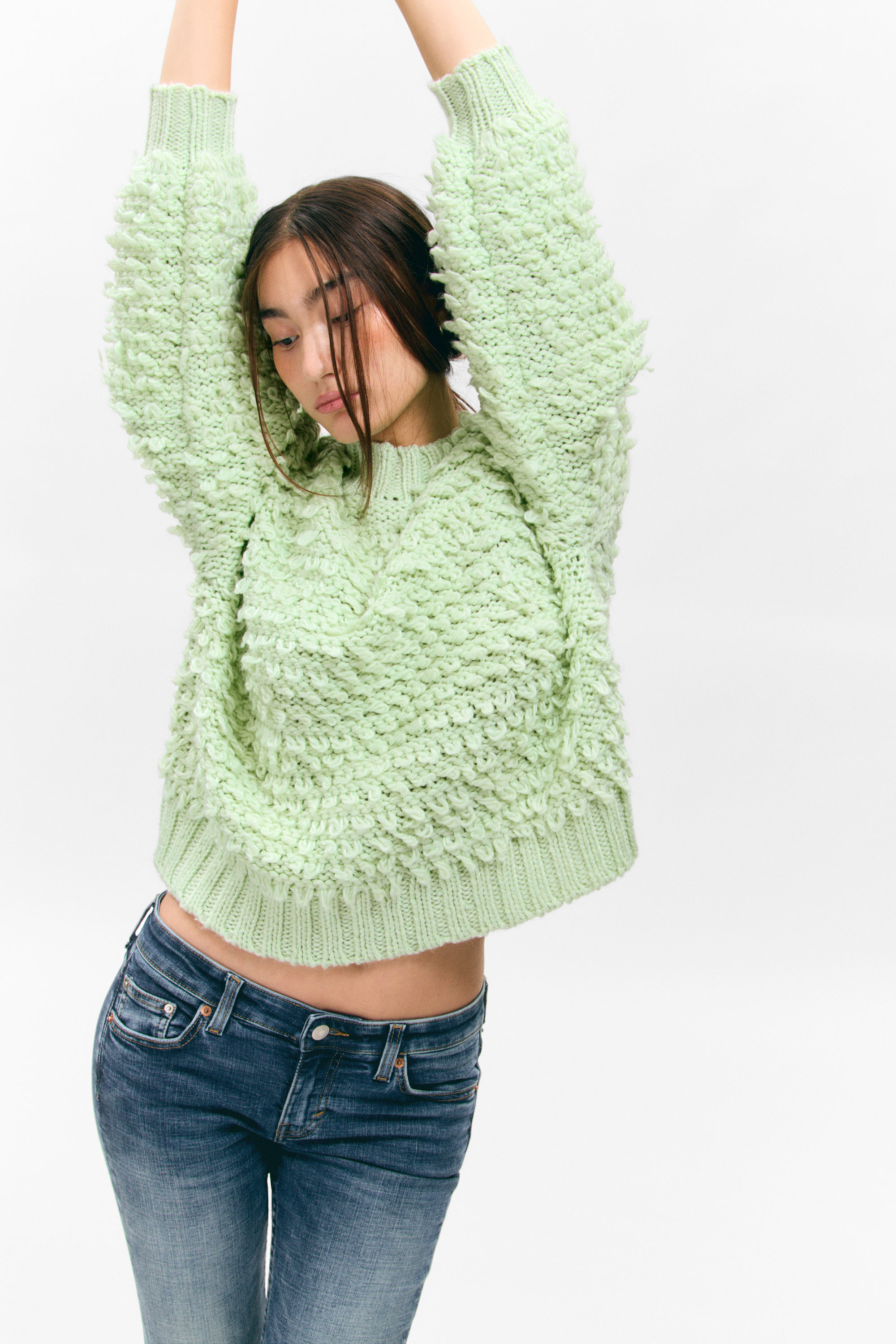 Light Green - Textured Loop Knit Sweater - 2