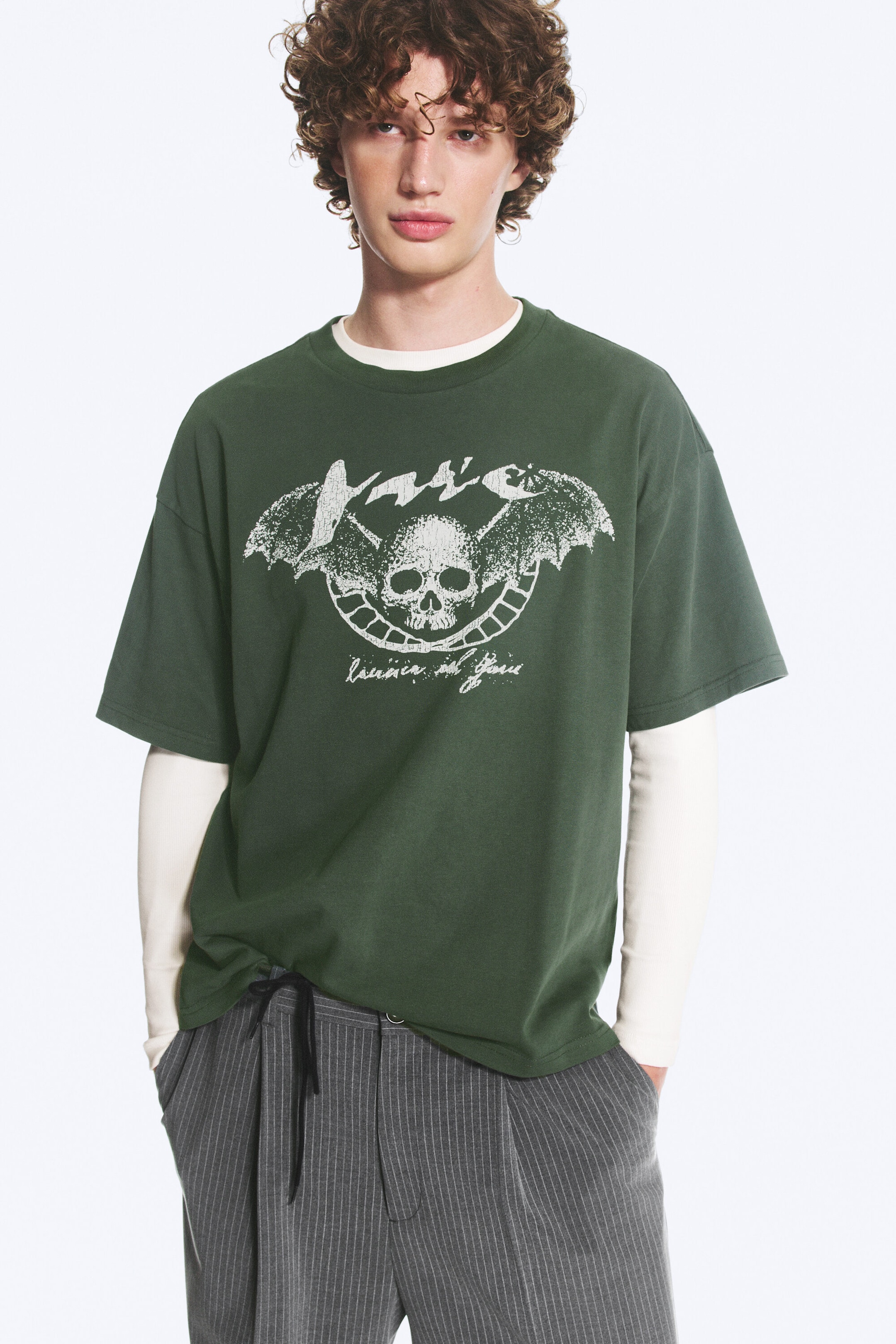 Dark Green - Skull - Boxy Printed Graphic T-shirt - 1