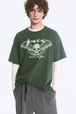 Dark Green - Skull - Boxy Printed Graphic T-shirt - 0