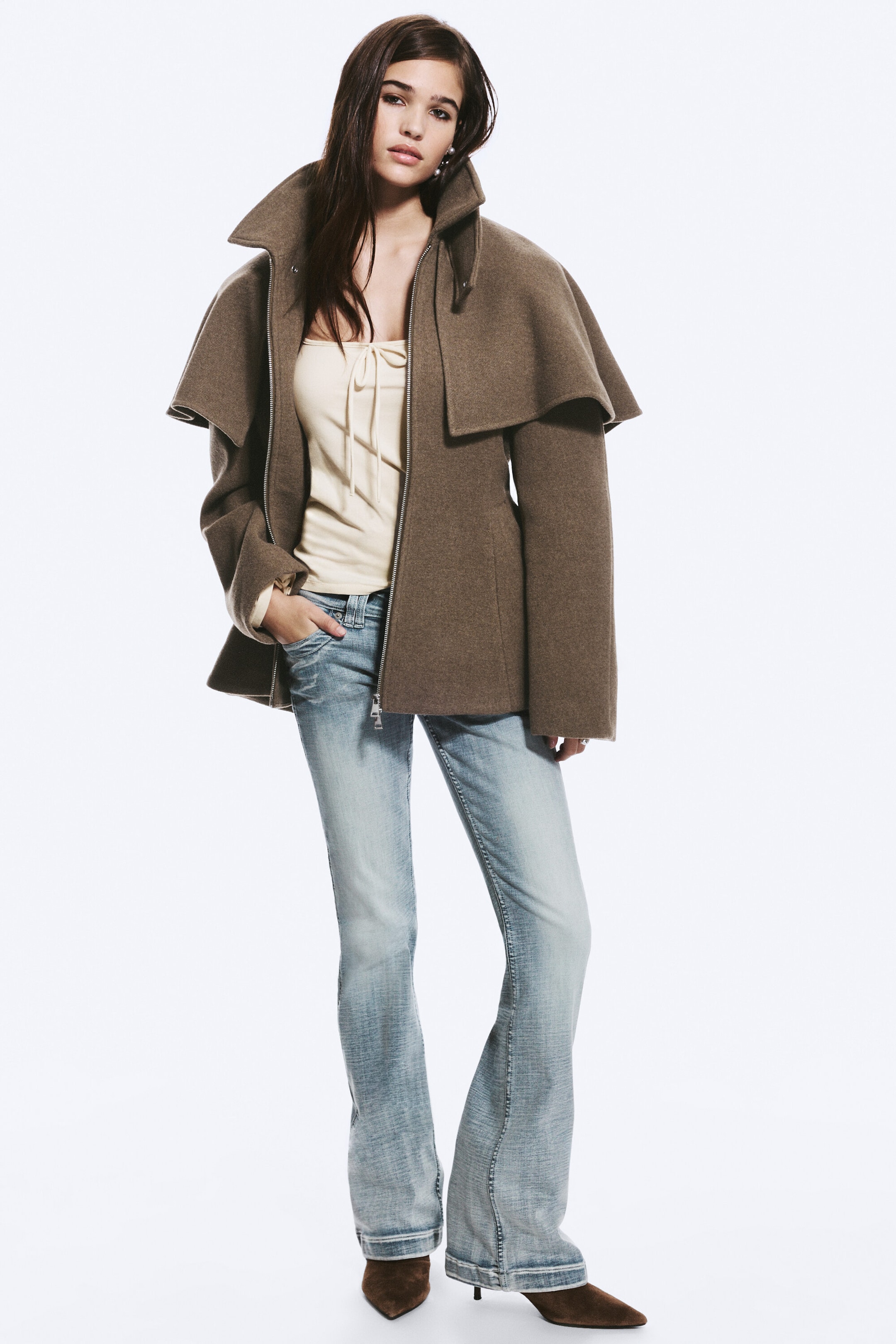 Brown - Wool-Blend Cape-Detail Jacket - 1