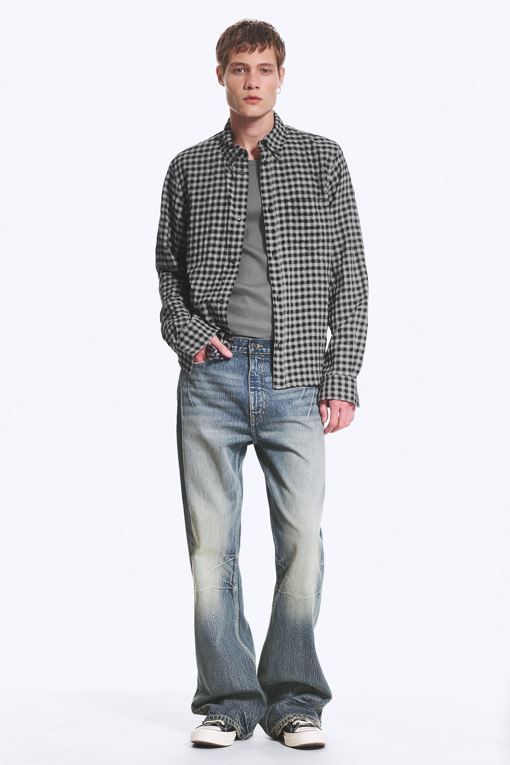 Checked Black/Grey - Structured Long-Sleeved Buttoned Shirt - 2