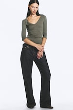 Dusty Khaki Green - Deep V-neck three-quarter sleeve top - 3