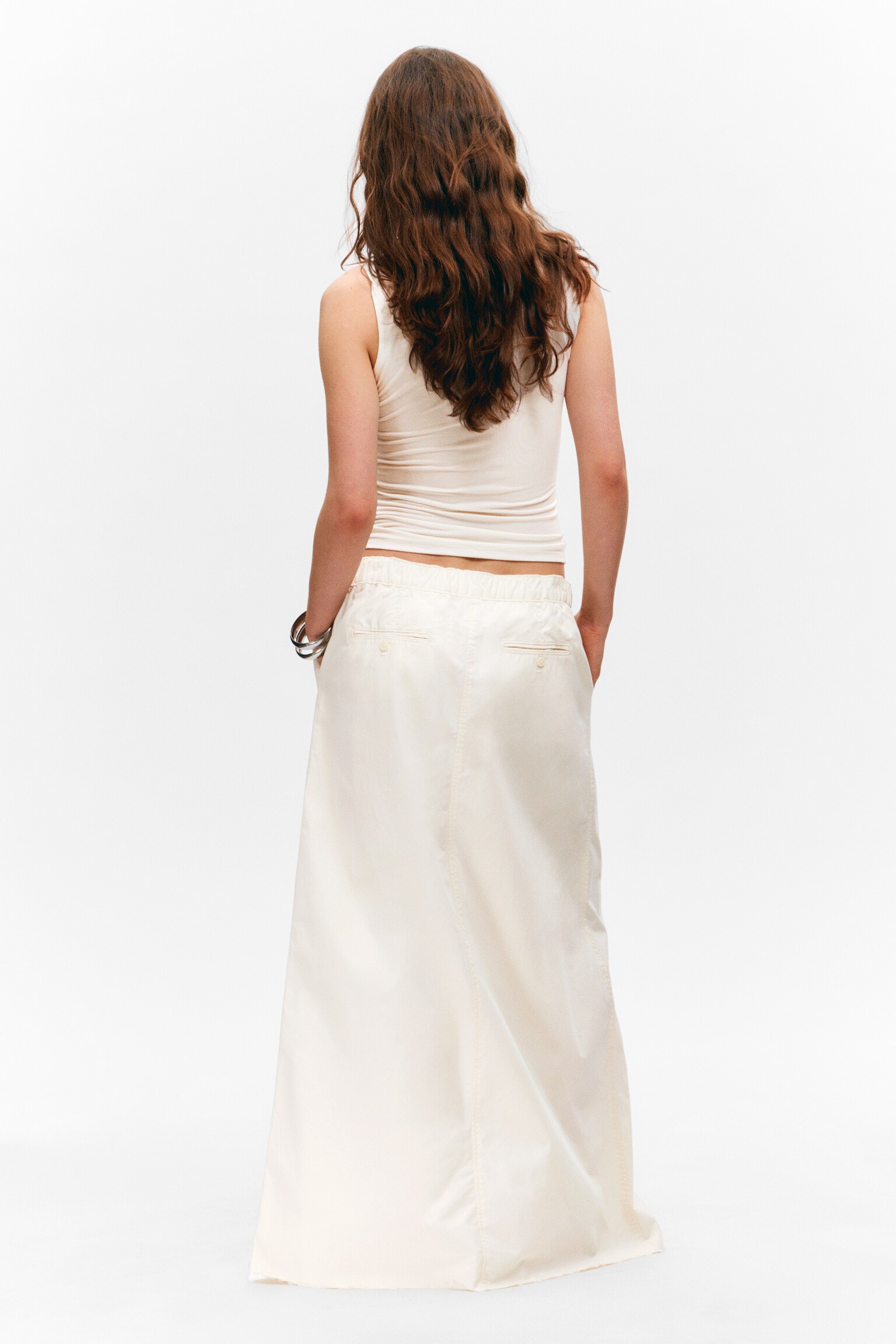 Drawstring Cotton Canvas Maxi Skirt - White/Dark Brown - 3