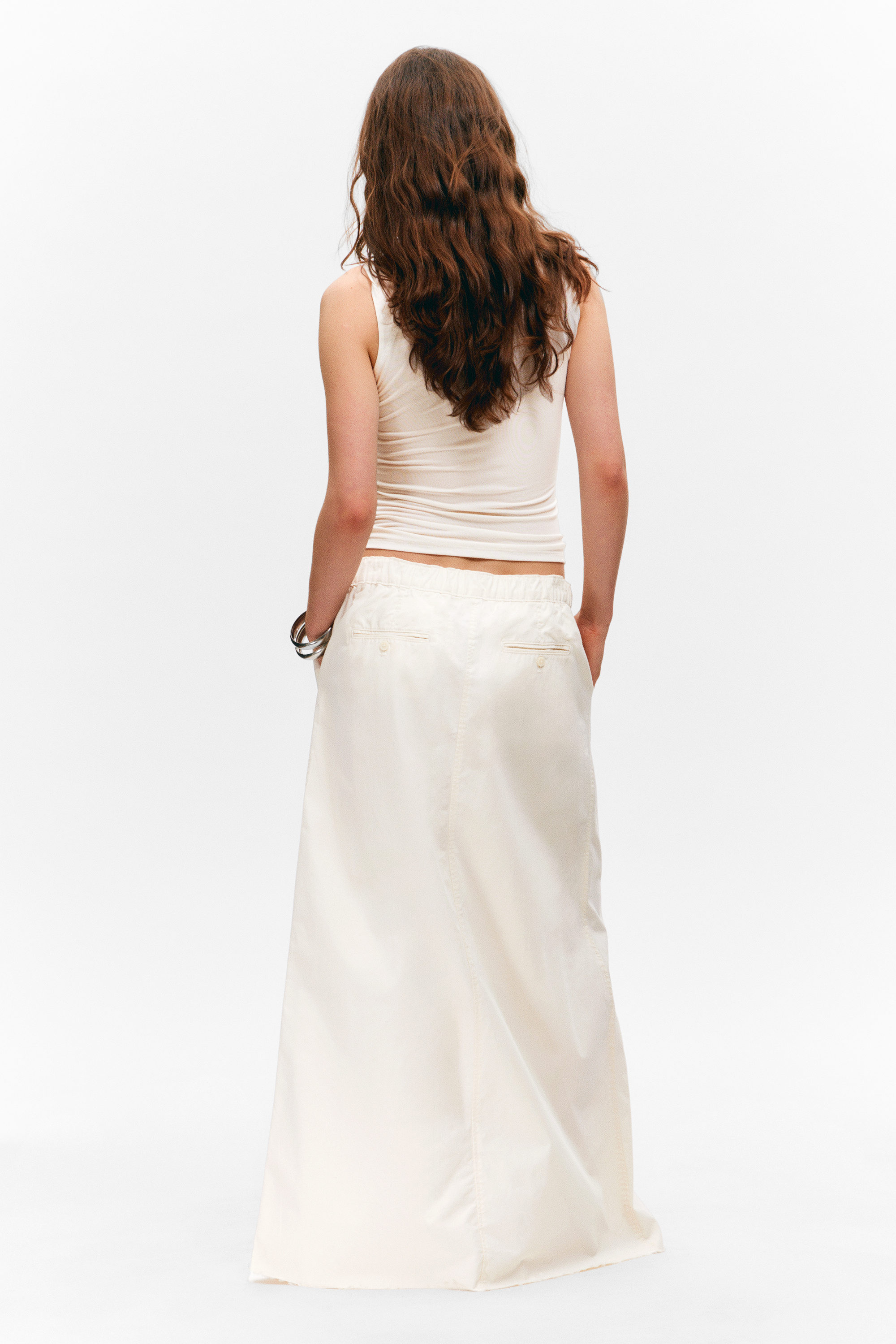 White - Drawstring Cotton Canvas Maxi Skirt - 3