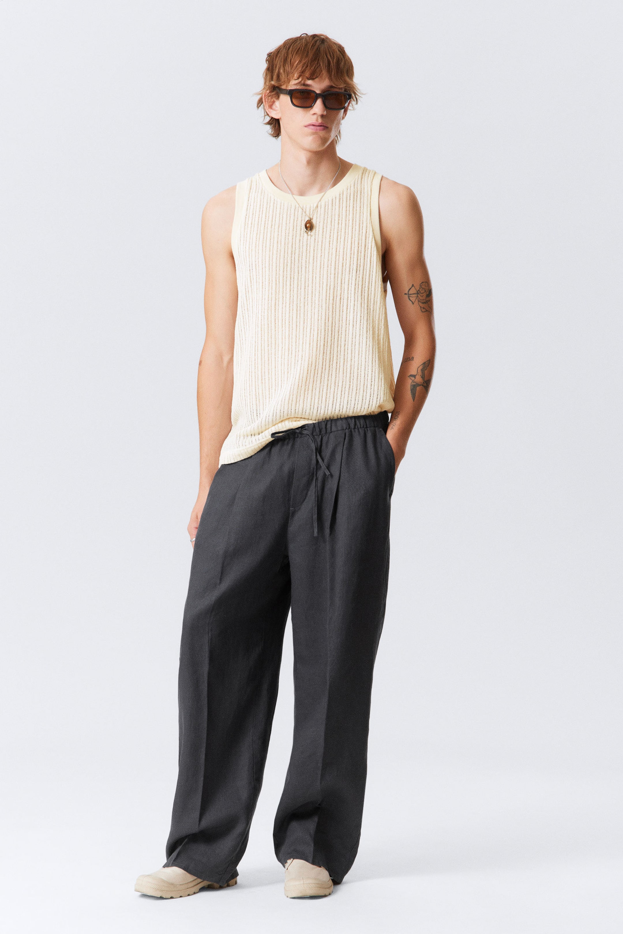 #45464A - Loose Fit Straight Leg Linen Trousers - 1