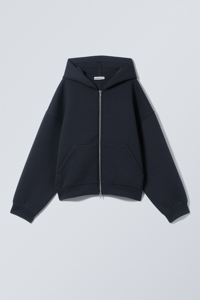 Sweat à capuche zippé oversize en scuba Really Dark Blue FEMME - Main Image