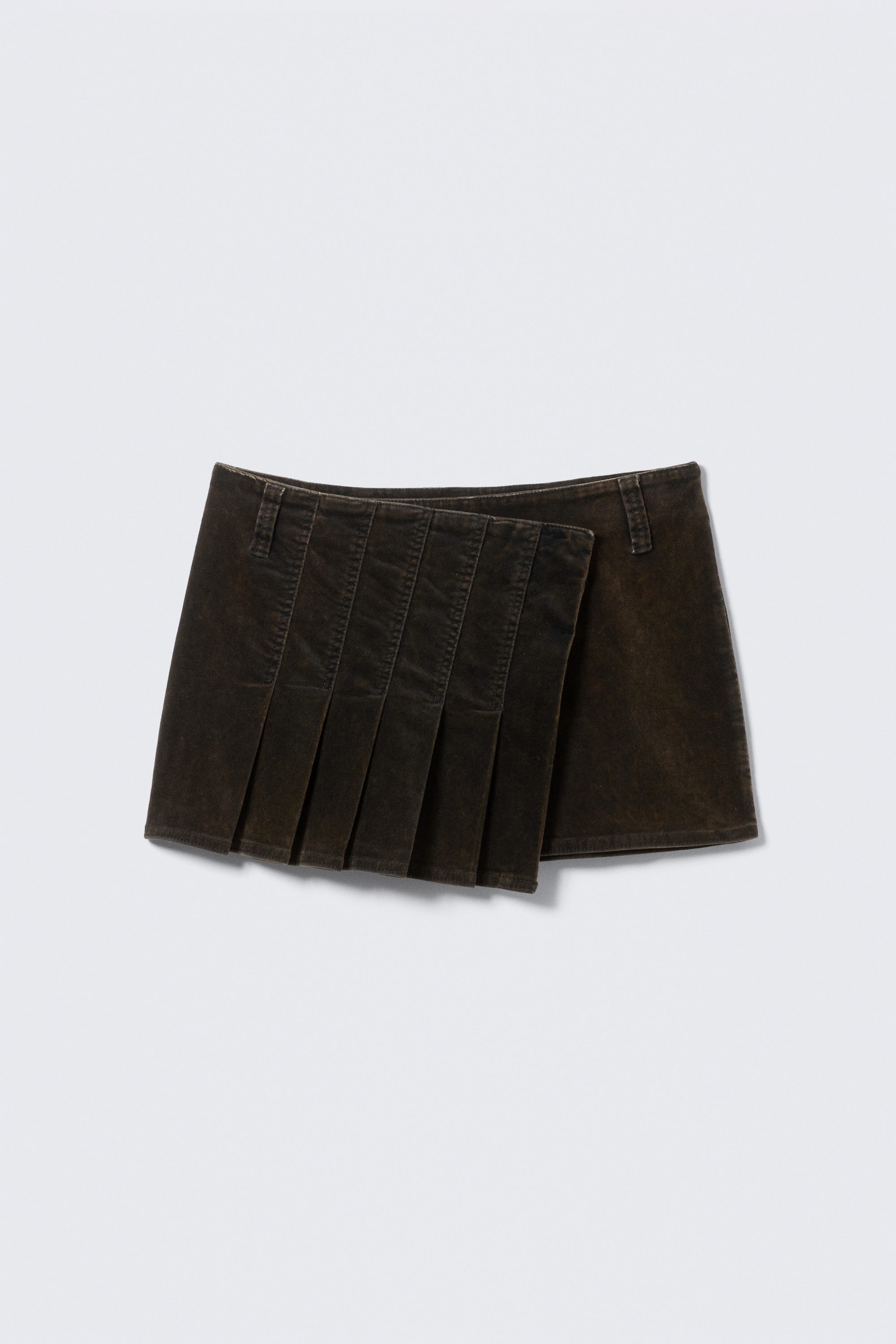 Dark Brown - Pleated Velvet Mini Skirt - 3