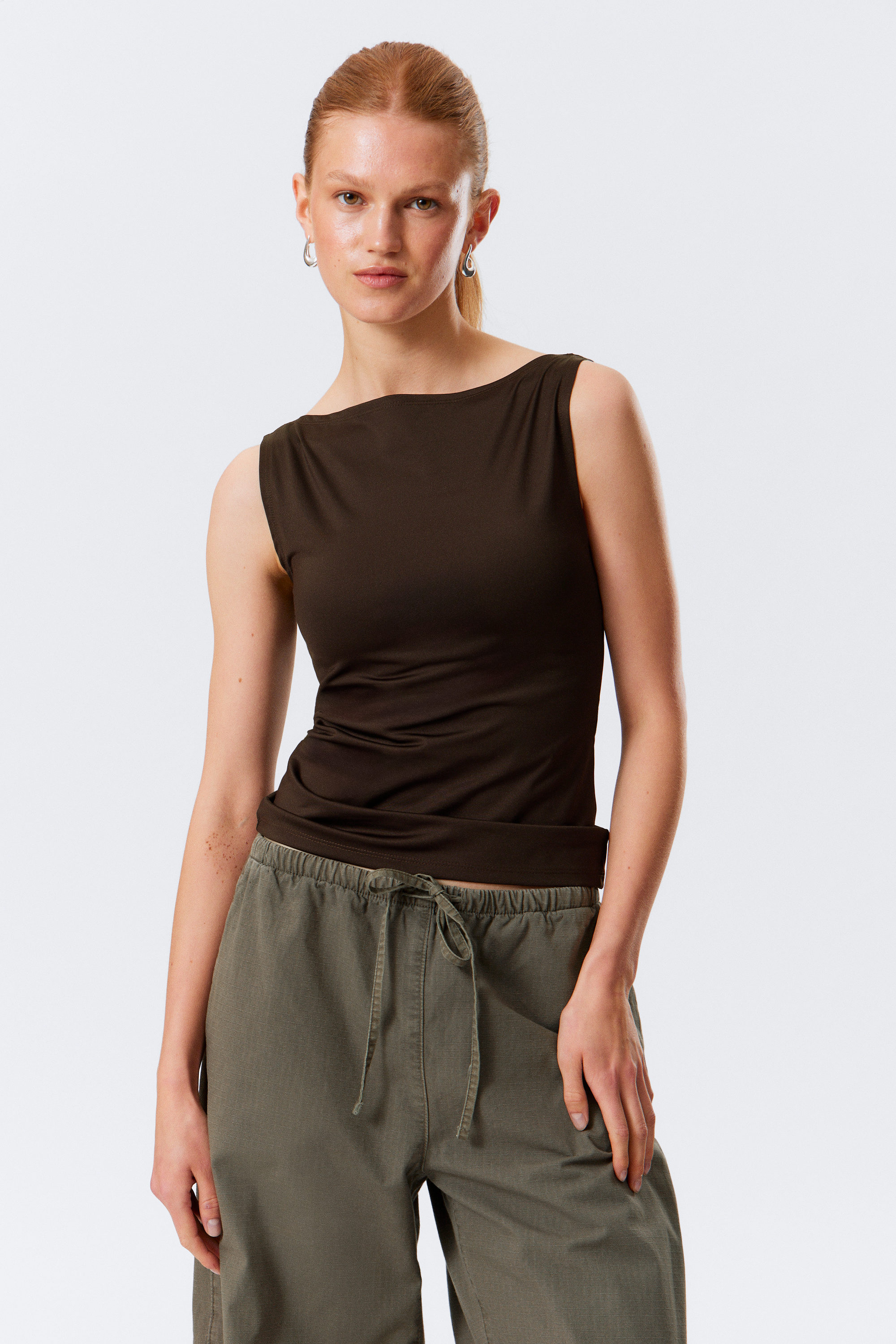 Dark Brown - Annie Sleeveless Boat-Neck Top - 1