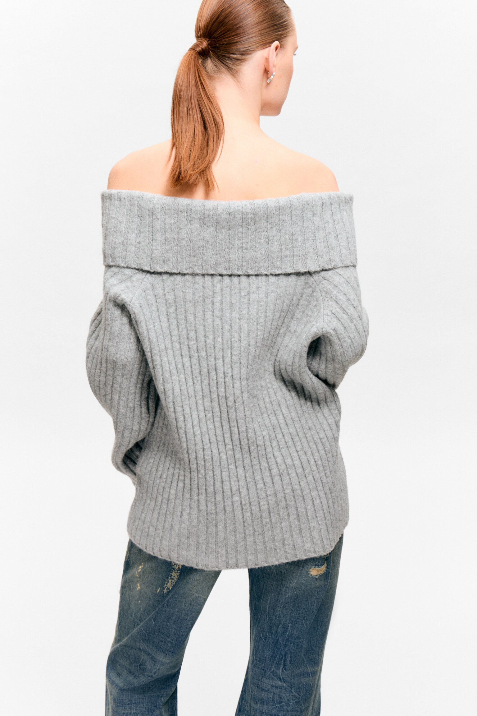 Пуловер с паднали рамене и рипсена плетка - Сив Меланж/Светло бежова - 3