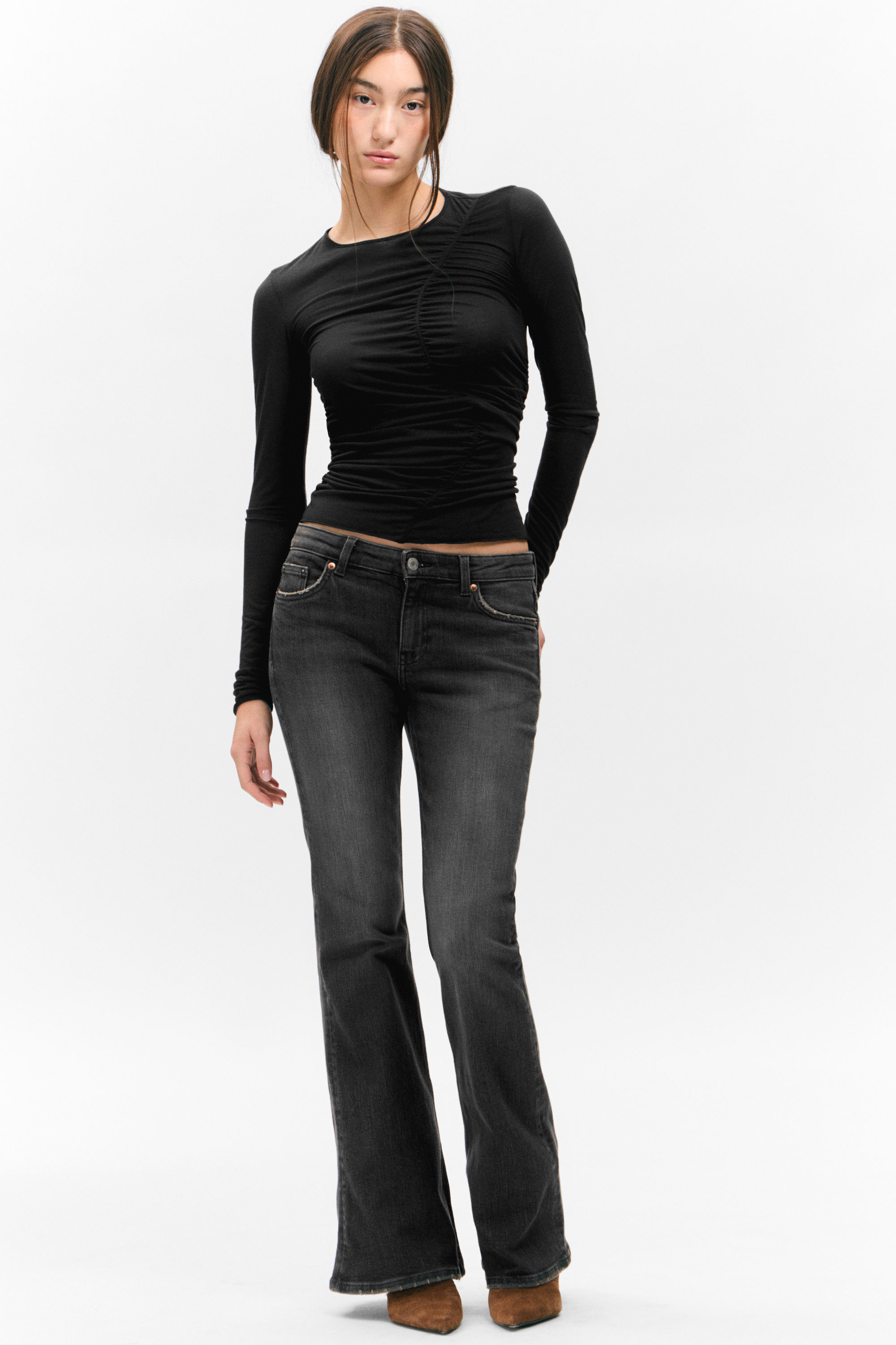 Black - Ruched Long-Sleeved Top - 2