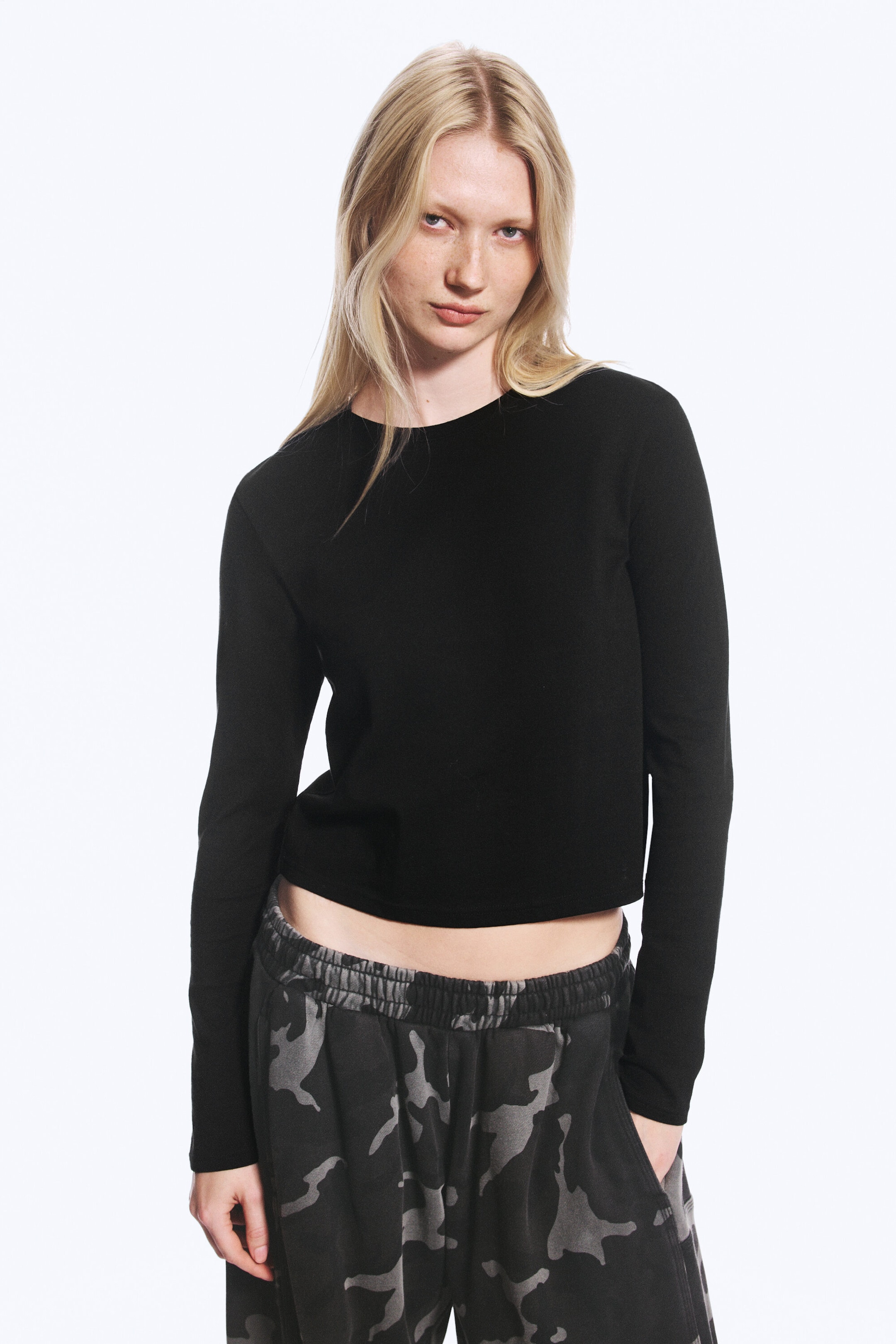 Black - Slim Long-Sleeved Cotton Top - 1