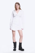 White - Long-Sleeved Asymmetric Mini Shirt Dress - 0