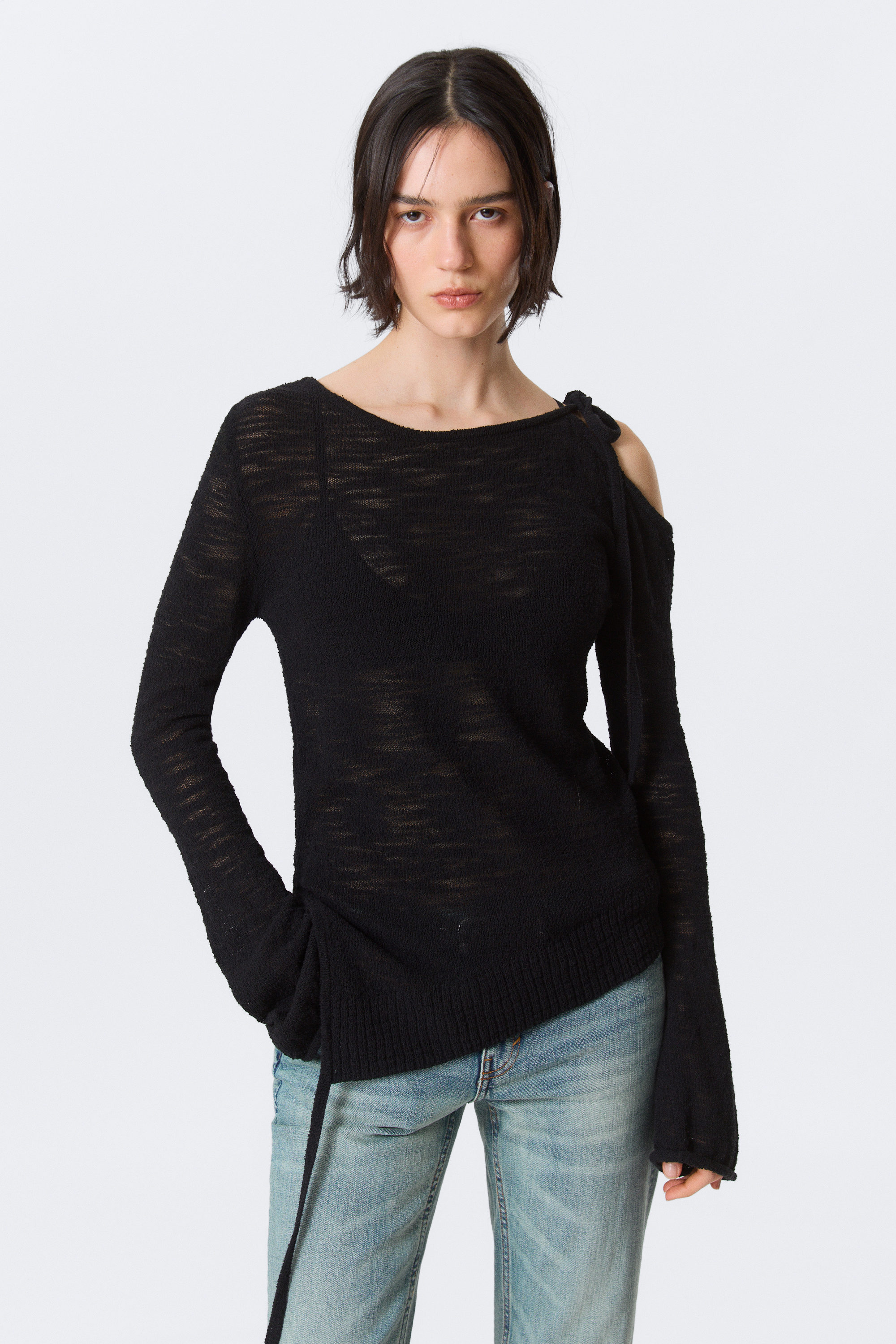 Black - Asymmetric Tie-Shoulder Knitted Sweater - 2