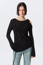 Black - Asymmetric Tie-Shoulder Knitted Sweater - 1