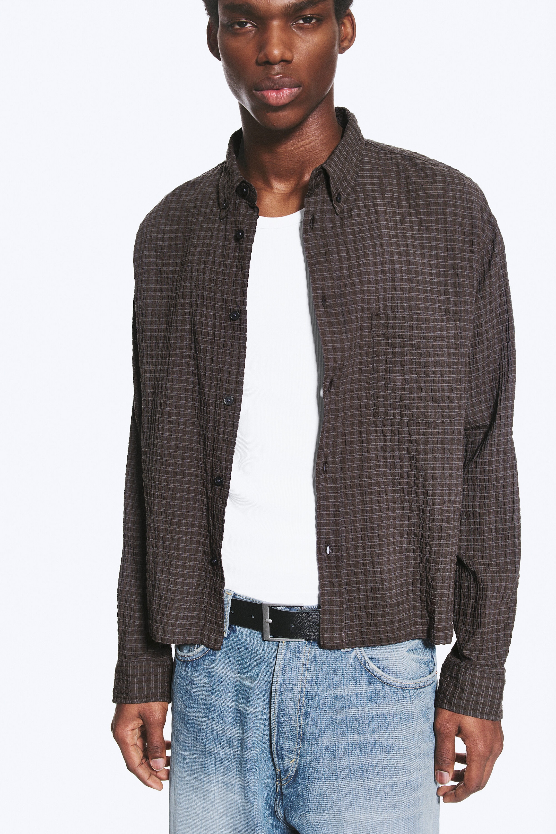 Checked Dark Brown - Boxy Structured Shirt - 1