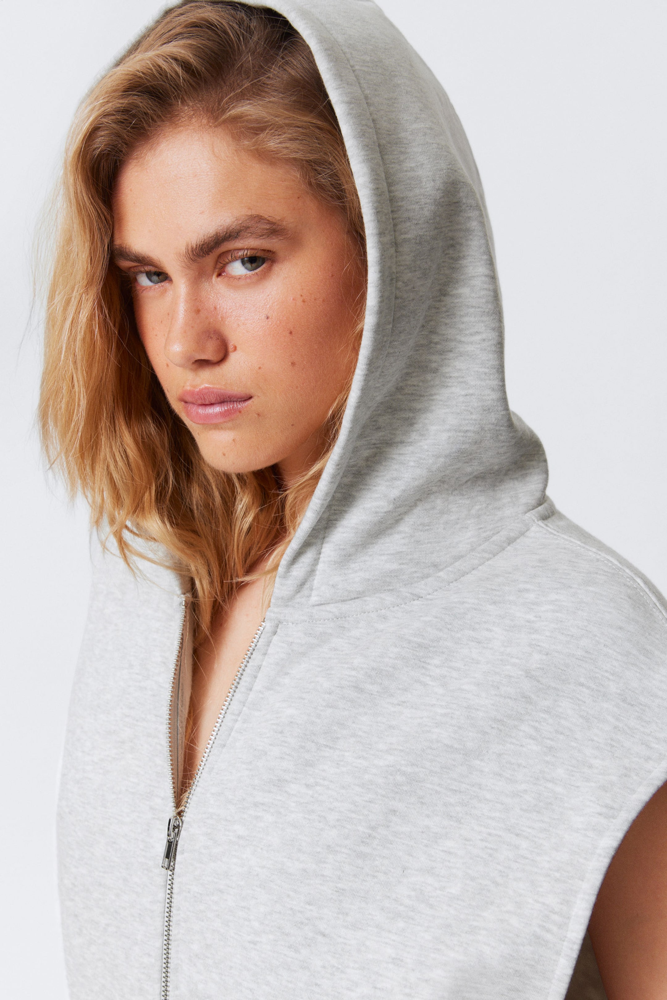 Grey Melange - Oversized Sleeveless Cotton Zip Hoodie - 2