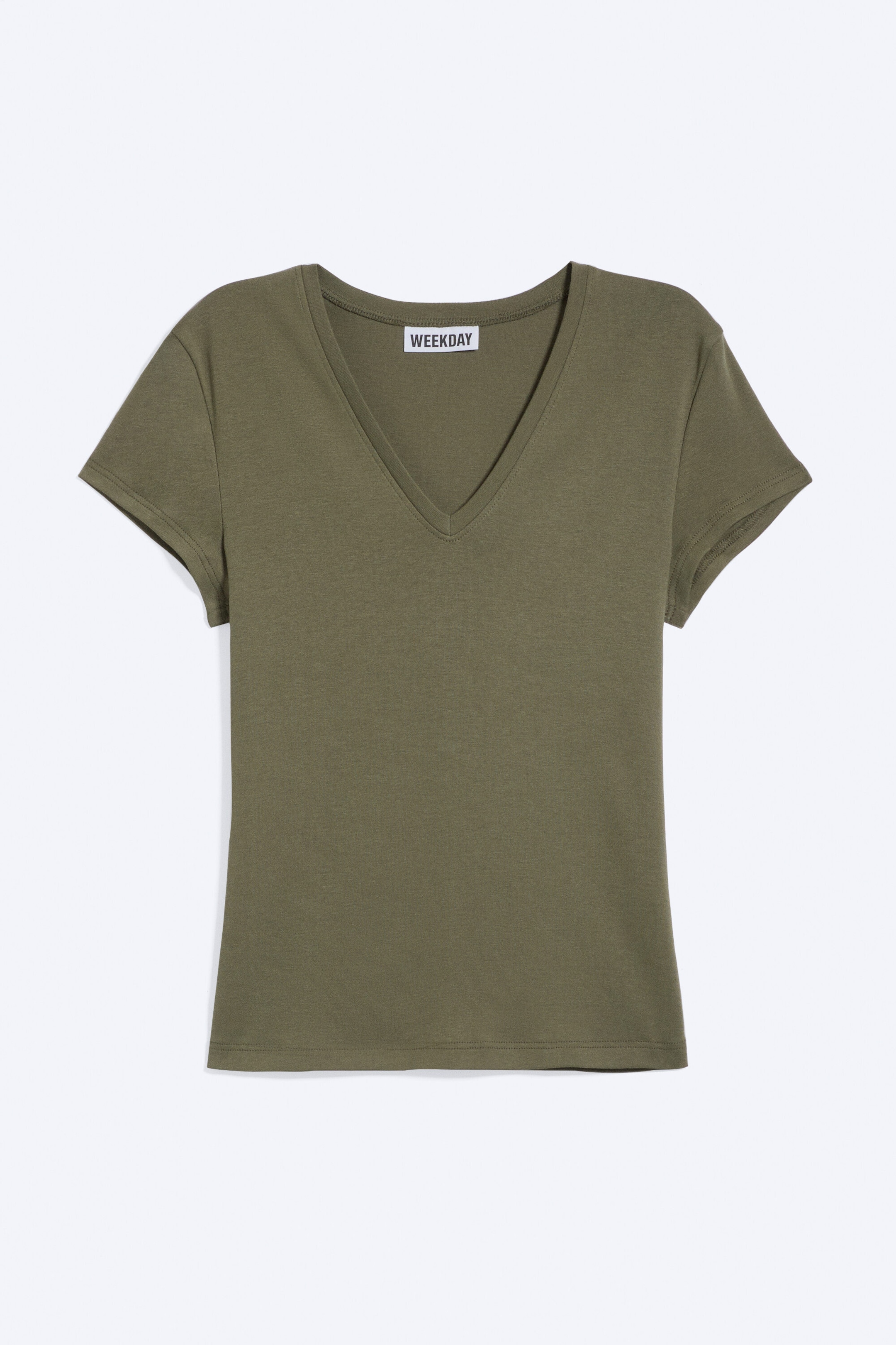 Staubiges Khakigrün - Slim Fit Deep V-Neck T-Shirt - 0