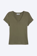 Staubiges Khakigrün - Slim Fit Deep V-Neck T-Shirt - 0