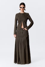Dark Grey - Mid-Rise Frayed Pleated Maxi Skirt - 0