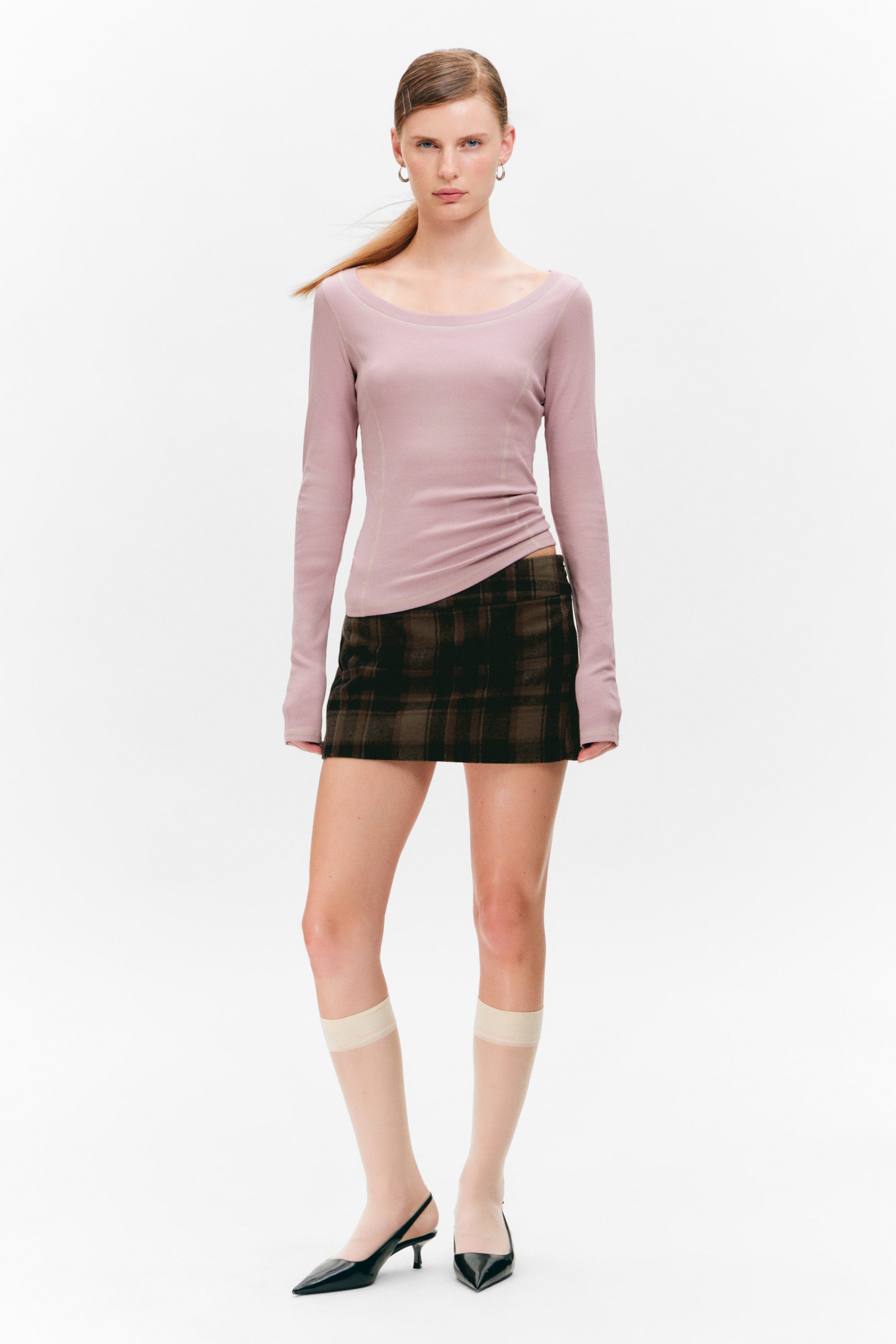 Dusty Pink - Long-Sleeved Wide Neck Top - 1