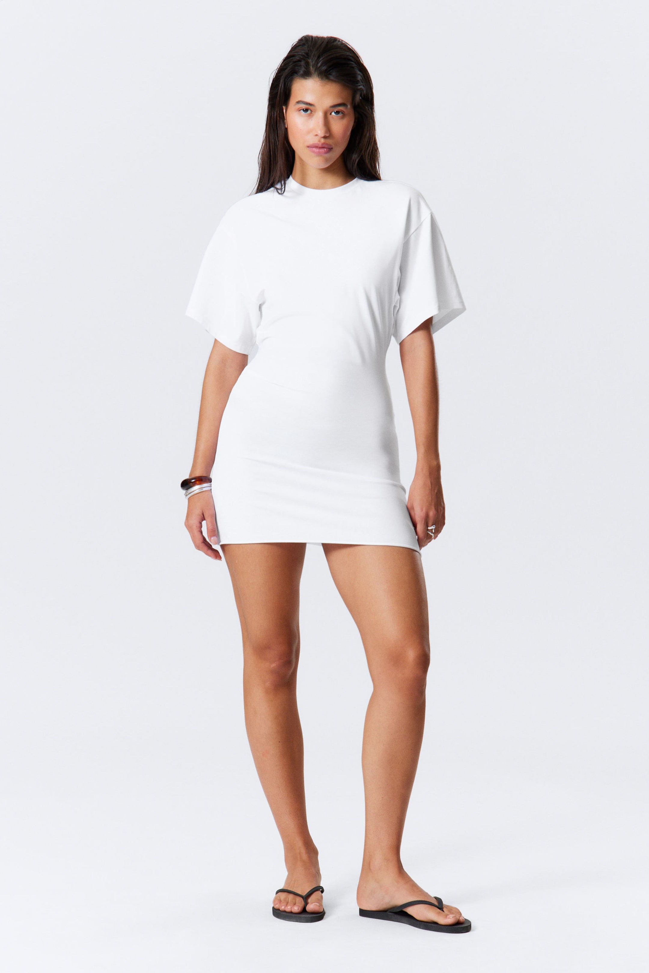 #FFFFFF - Short-Sleeved Mini T-shirt Dress - 1