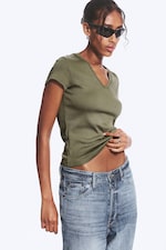 Dusty Khaki Green - Slim Fit Deep V-Neck T-Shirt - 0