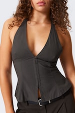 Dark Grey - Tie-Back Hook-and-Eye Halterneck Top - 2
