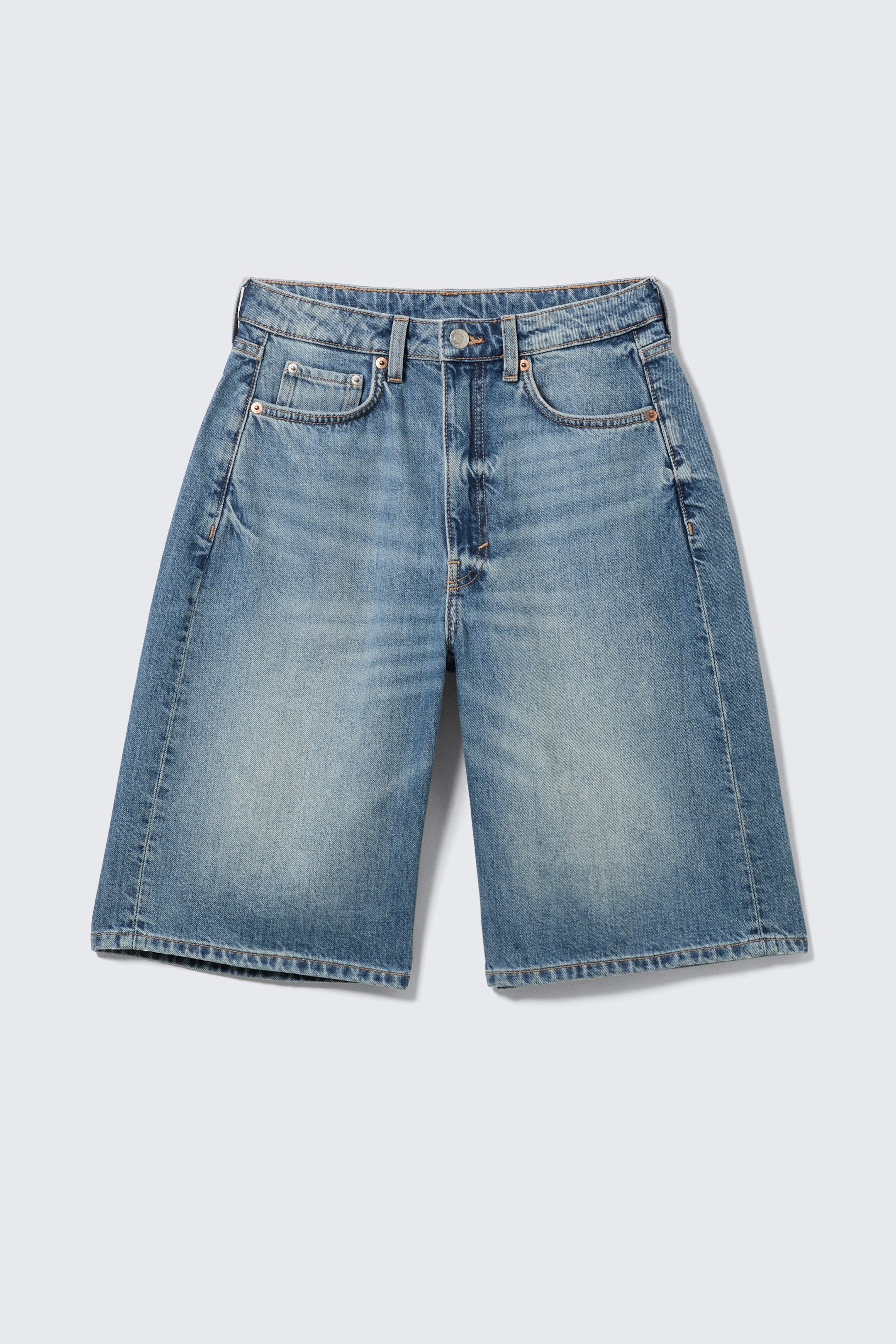 Blue Horses - Medium Blue - Curve High Waisted Wide Leg Denim Shorts - 1